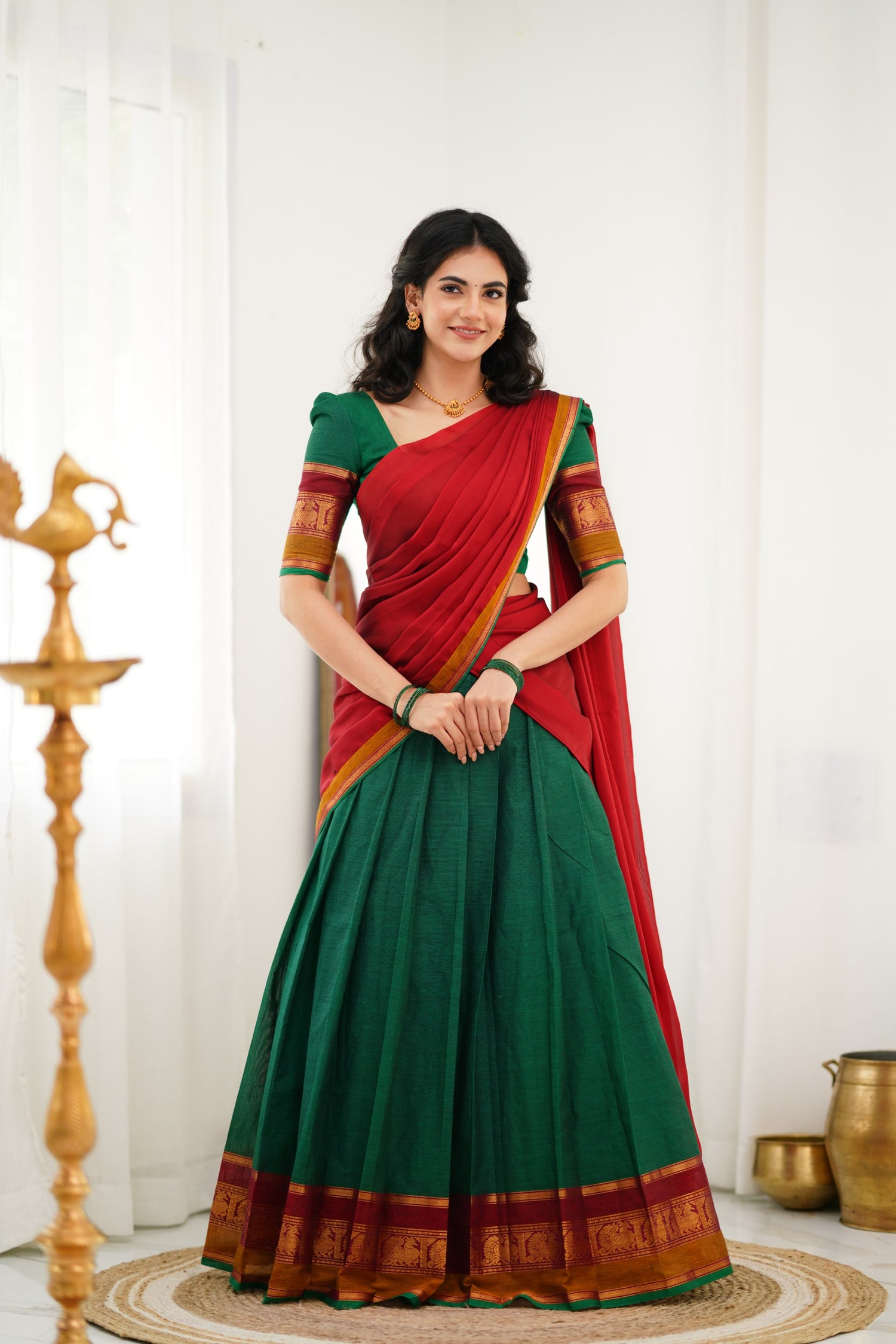 Padmaja Cotton Halfsaree - Green and Reddish Maroon