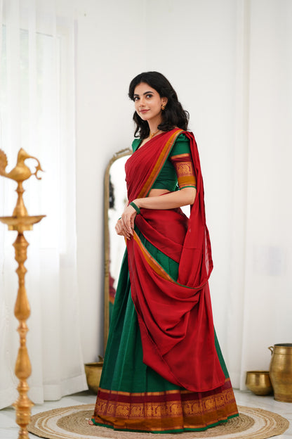 Padmaja Cotton Halfsaree - Green and Reddish Maroon