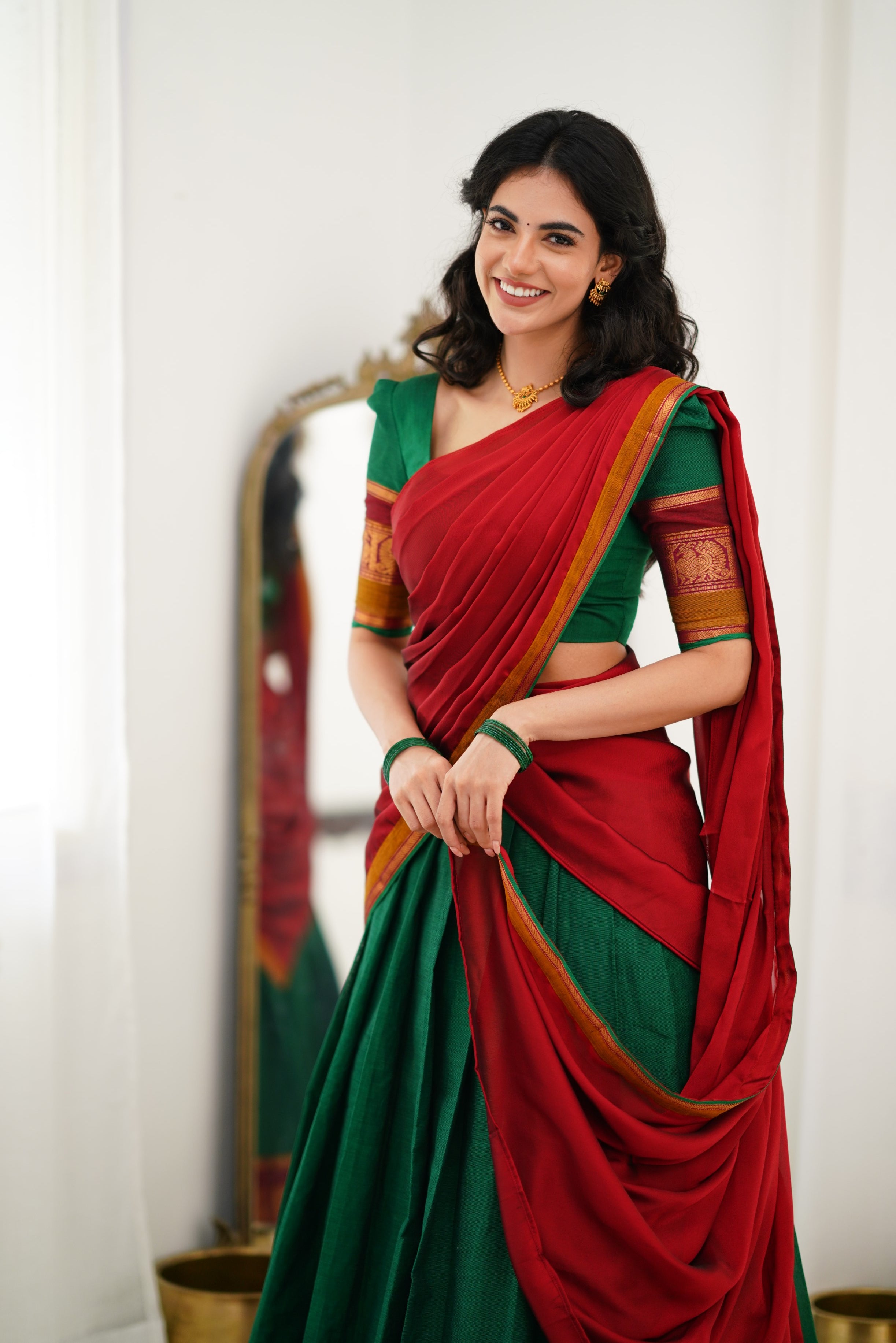 Padmaja Cotton Halfsaree - Green and Reddish Maroon