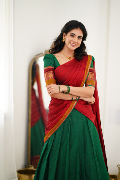 Padmaja Cotton Halfsaree - Green and Reddish Maroon