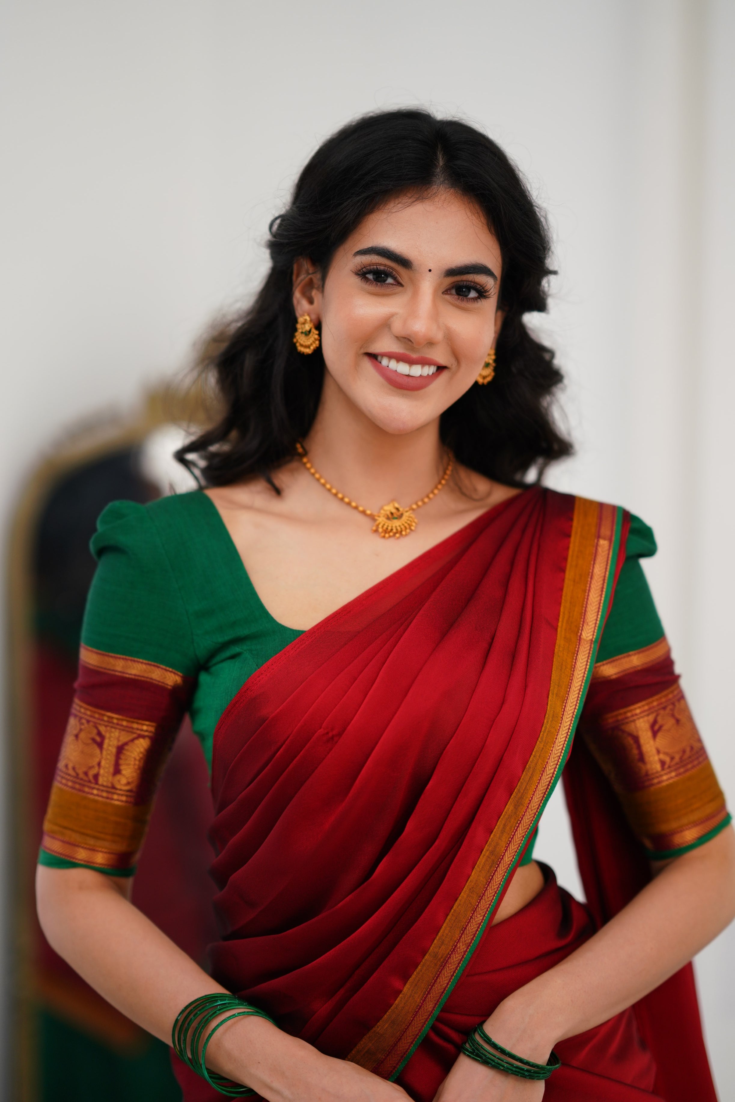 Padmaja Cotton Halfsaree - Green and Reddish Maroon