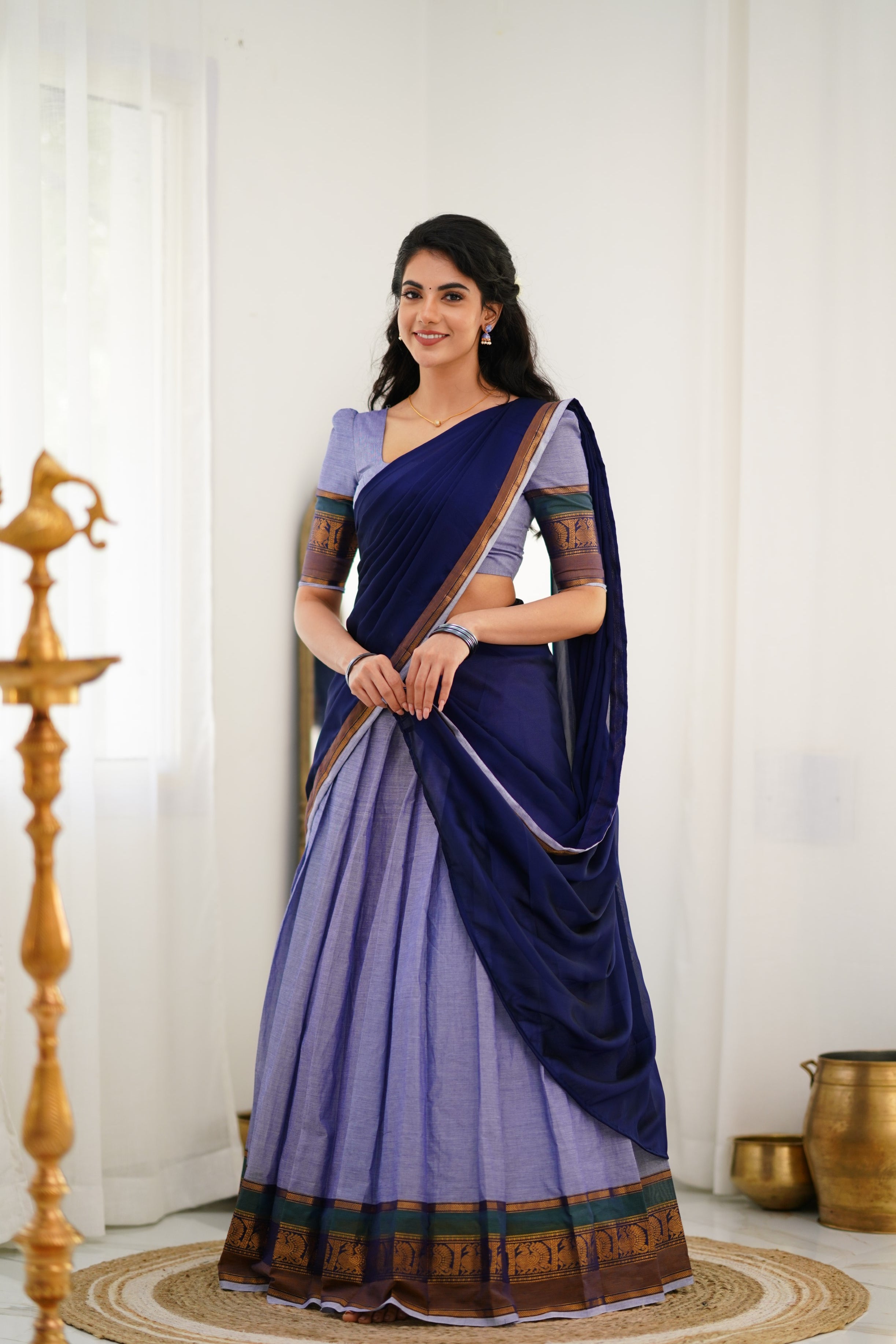 Padmaja  Cotton Halfsaree - Light Blue and Ink Blue