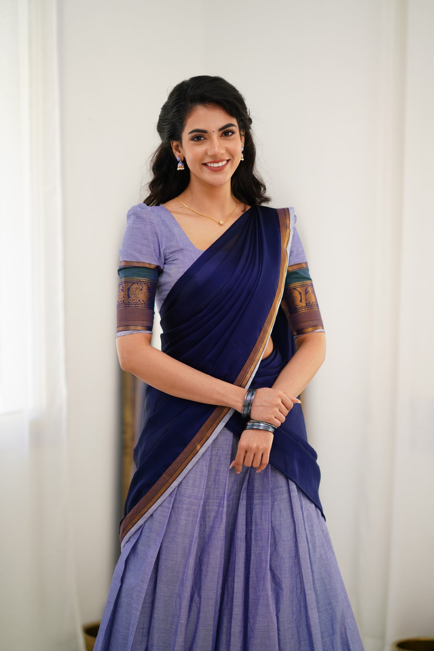 Padmaja  Cotton Halfsaree - Light Blue and Ink Blue