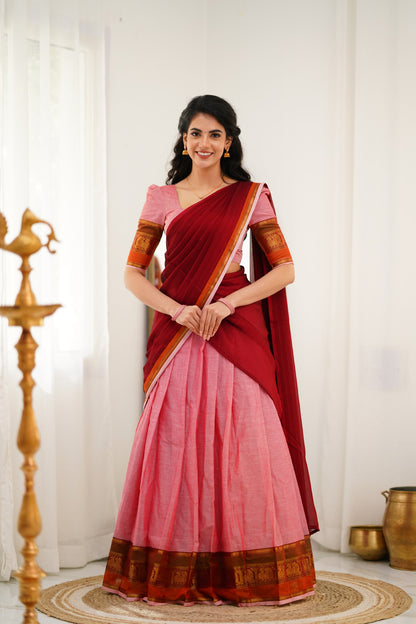 Padmaja Cotton Halfsaree - Pink and Reddish Maroon