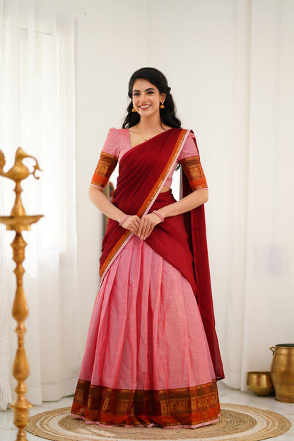 Padmaja Cotton Halfsaree - Pink and Reddish Maroon