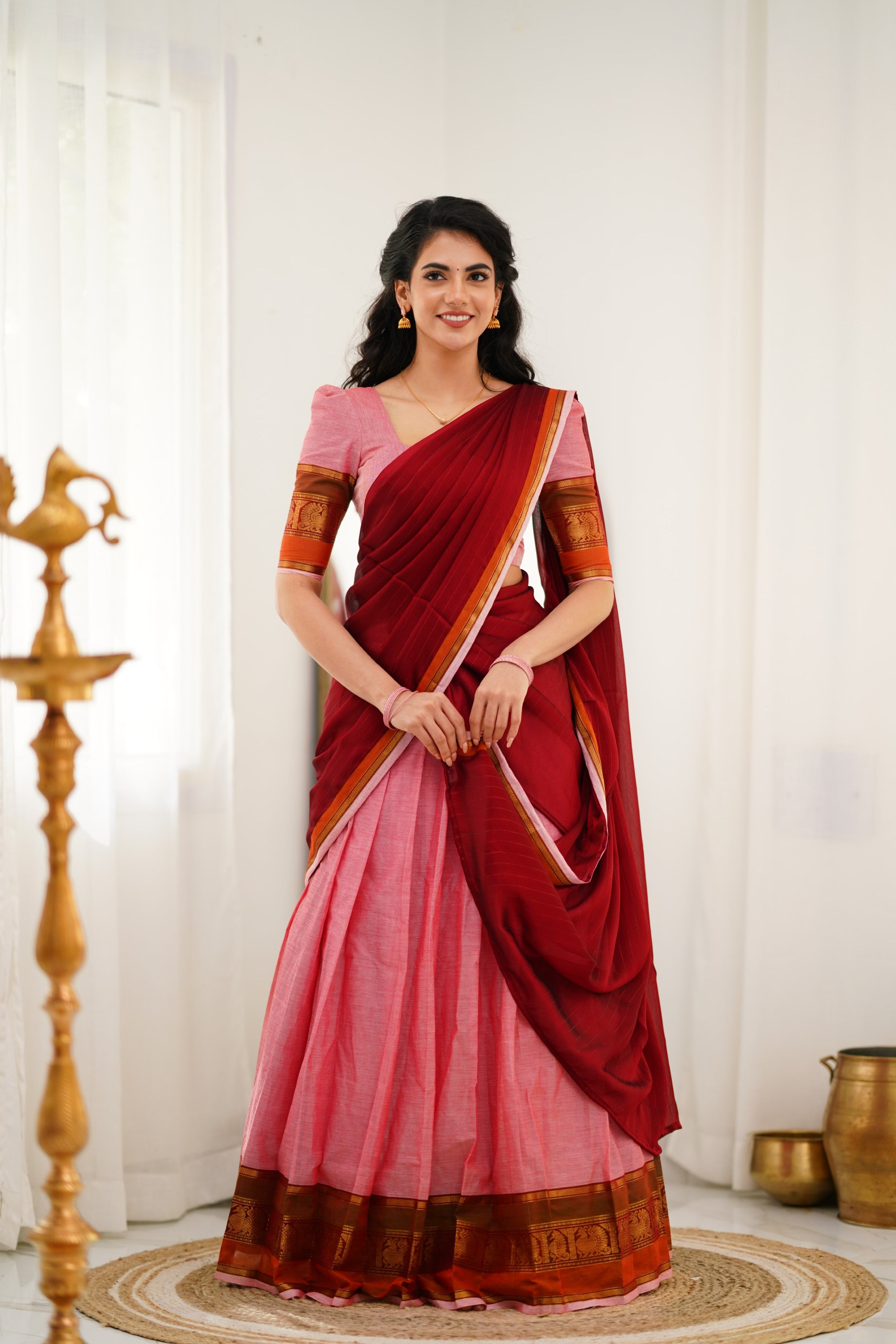 Padmaja Cotton Halfsaree - Pink and Reddish Maroon