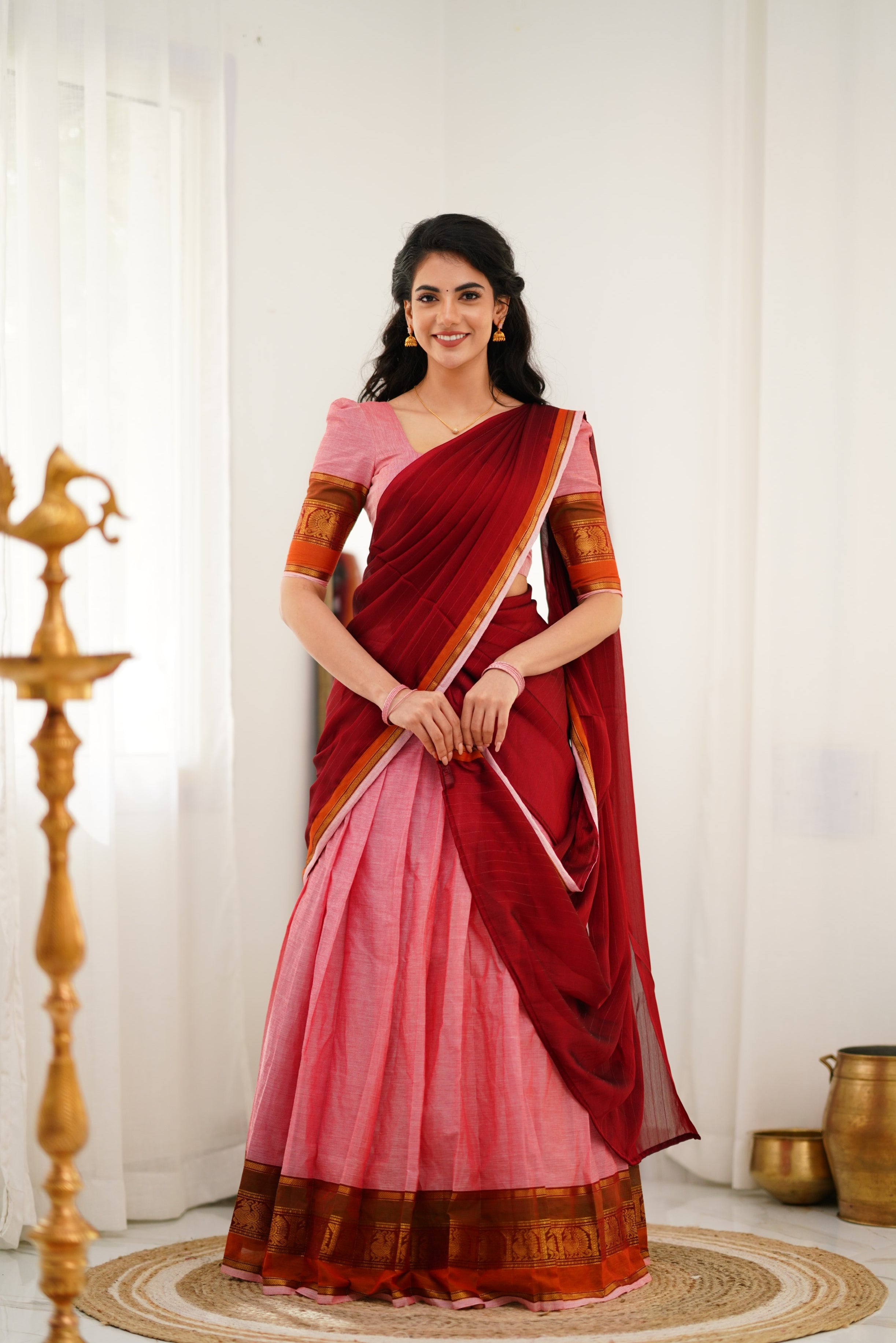 Padmaja Cotton Halfsaree - Pink and Reddish Maroon