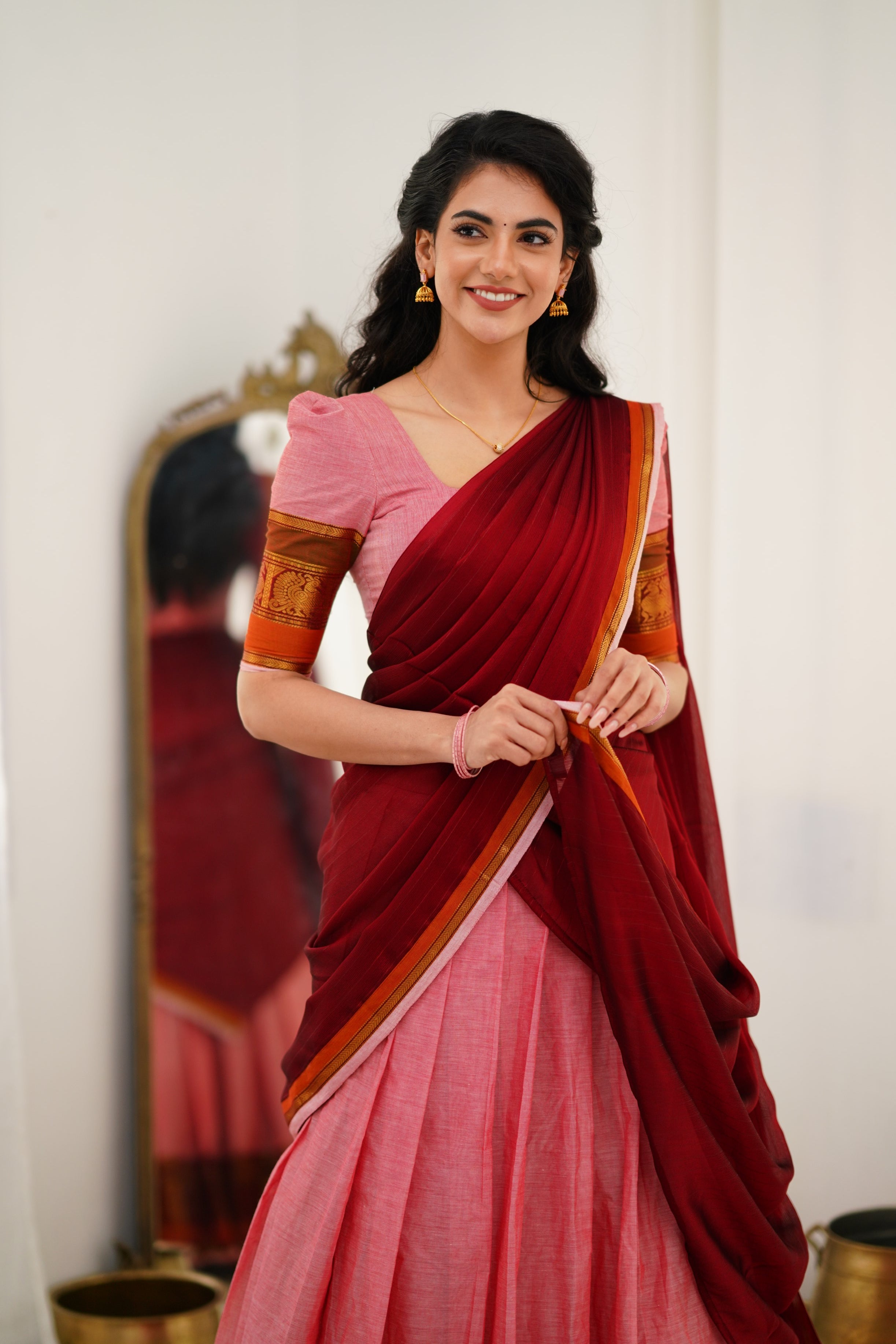 Padmaja Cotton Halfsaree - Pink and Reddish Maroon