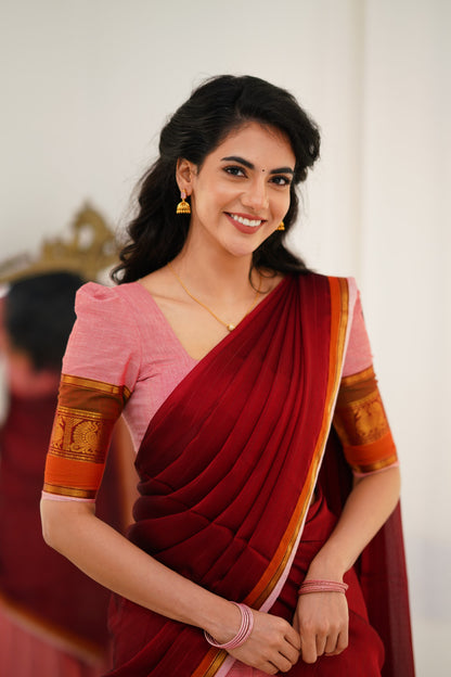 Padmaja Cotton Halfsaree - Pink and Reddish Maroon