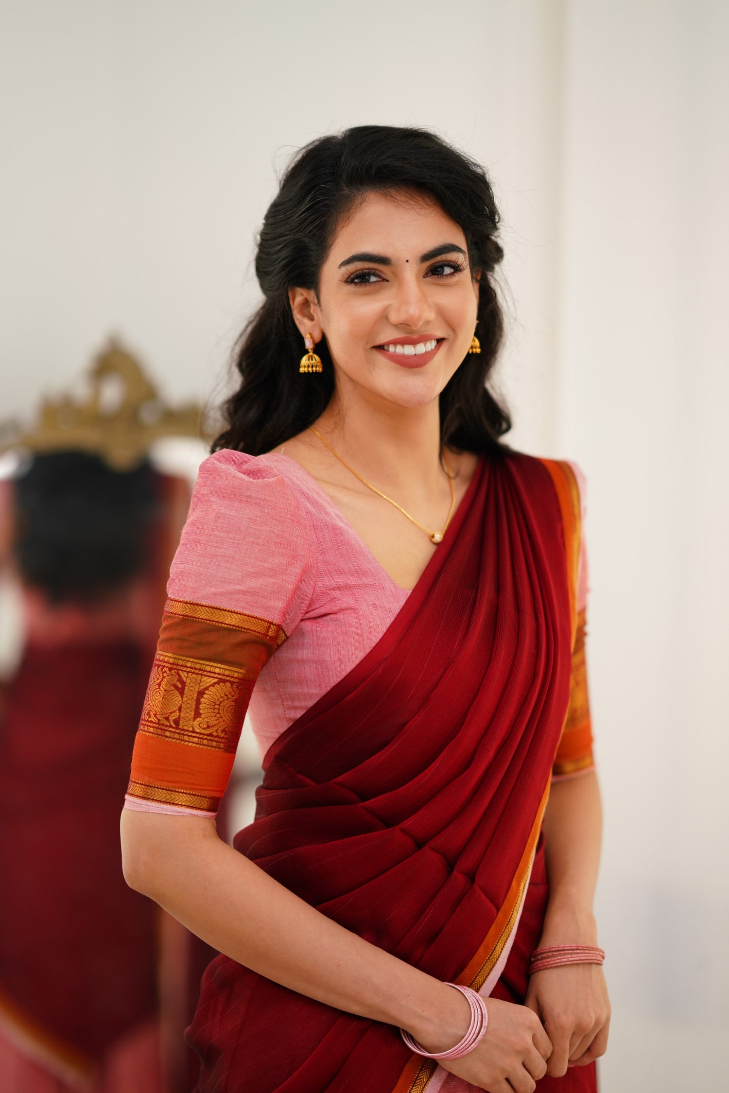 Padmaja Cotton Halfsaree - Pink and Reddish Maroon