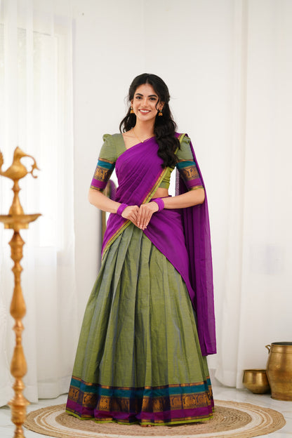 Padmaja Cotton Halfsaree - Two Tone Green and Ink Blue