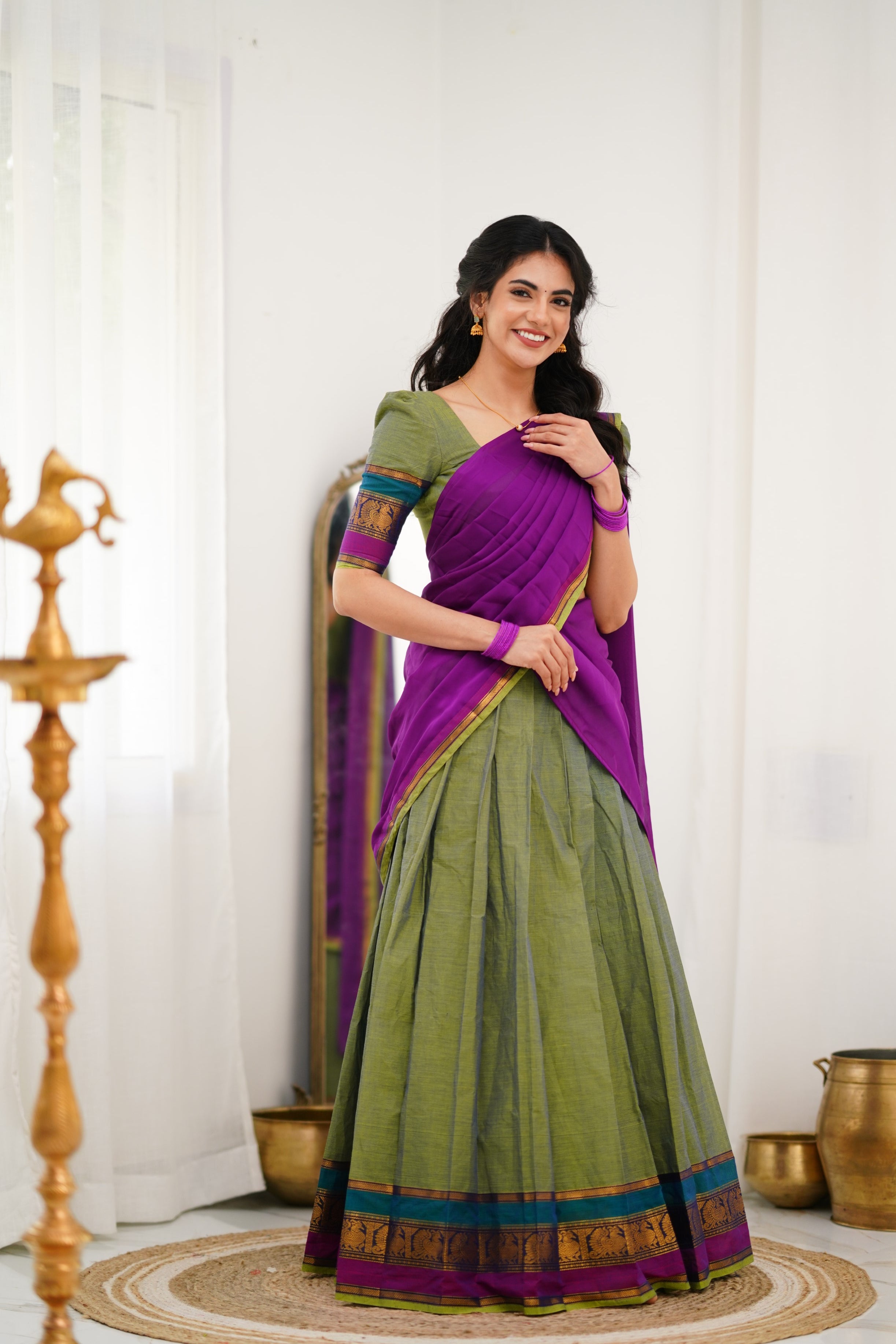 Padmaja Cotton Halfsaree - Two Tone Green and Ink Blue