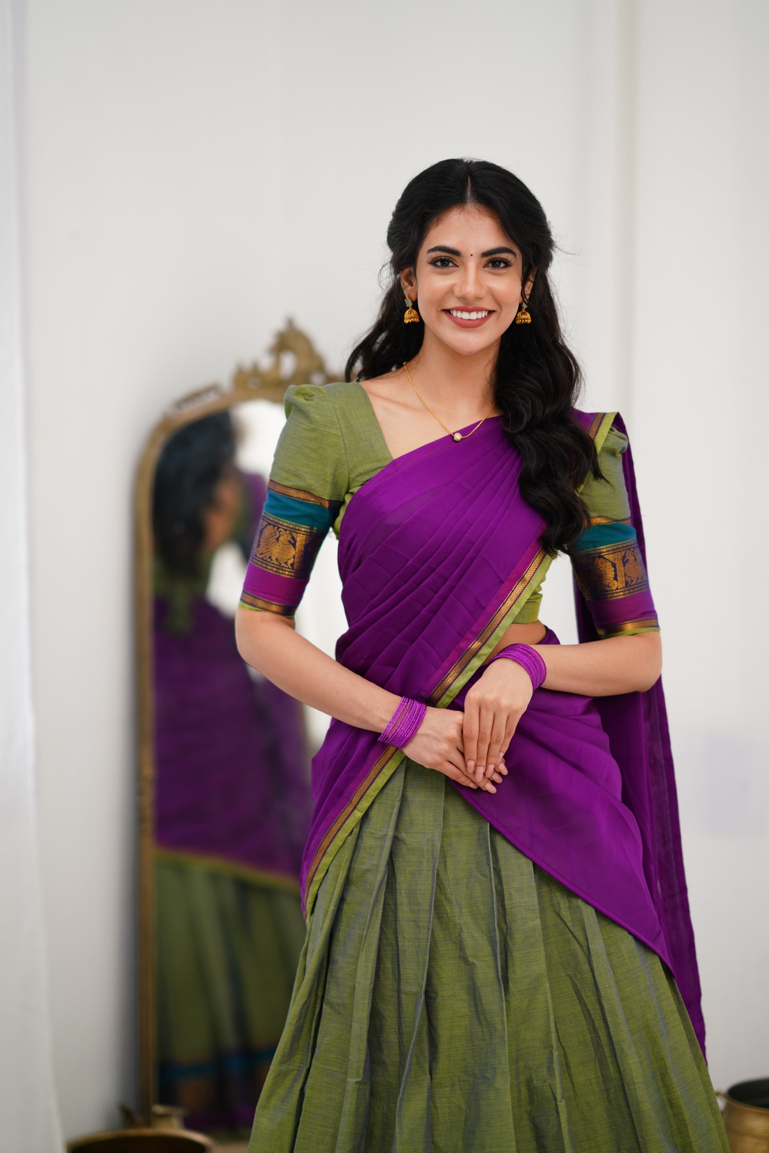 Padmaja Cotton Halfsaree - Two Tone Green and Ink Blue