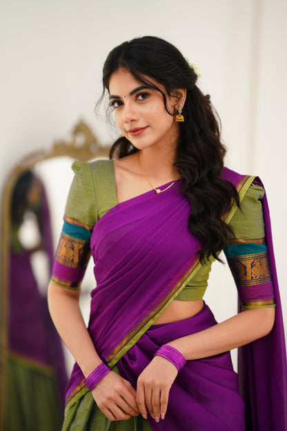 Padmaja Cotton Halfsaree - Two Tone Green and Ink Blue