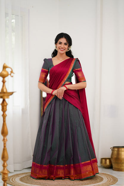 Padmaja Cotton Halfsaree - Manthalir Green and Pinkish Red