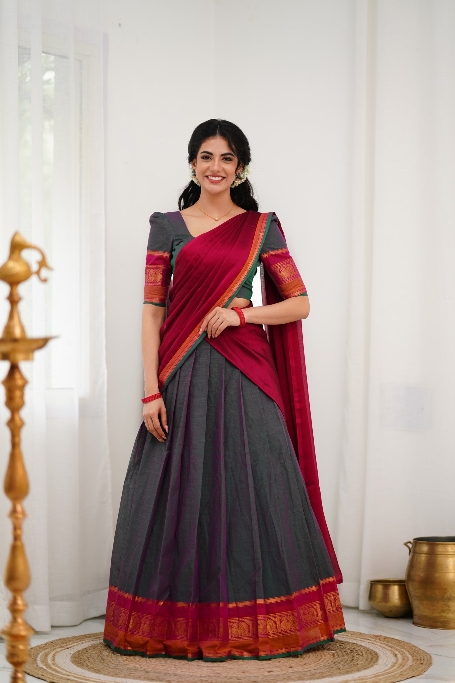 Padmaja Cotton Halfsaree - Manthalir Green and Pinkish Red