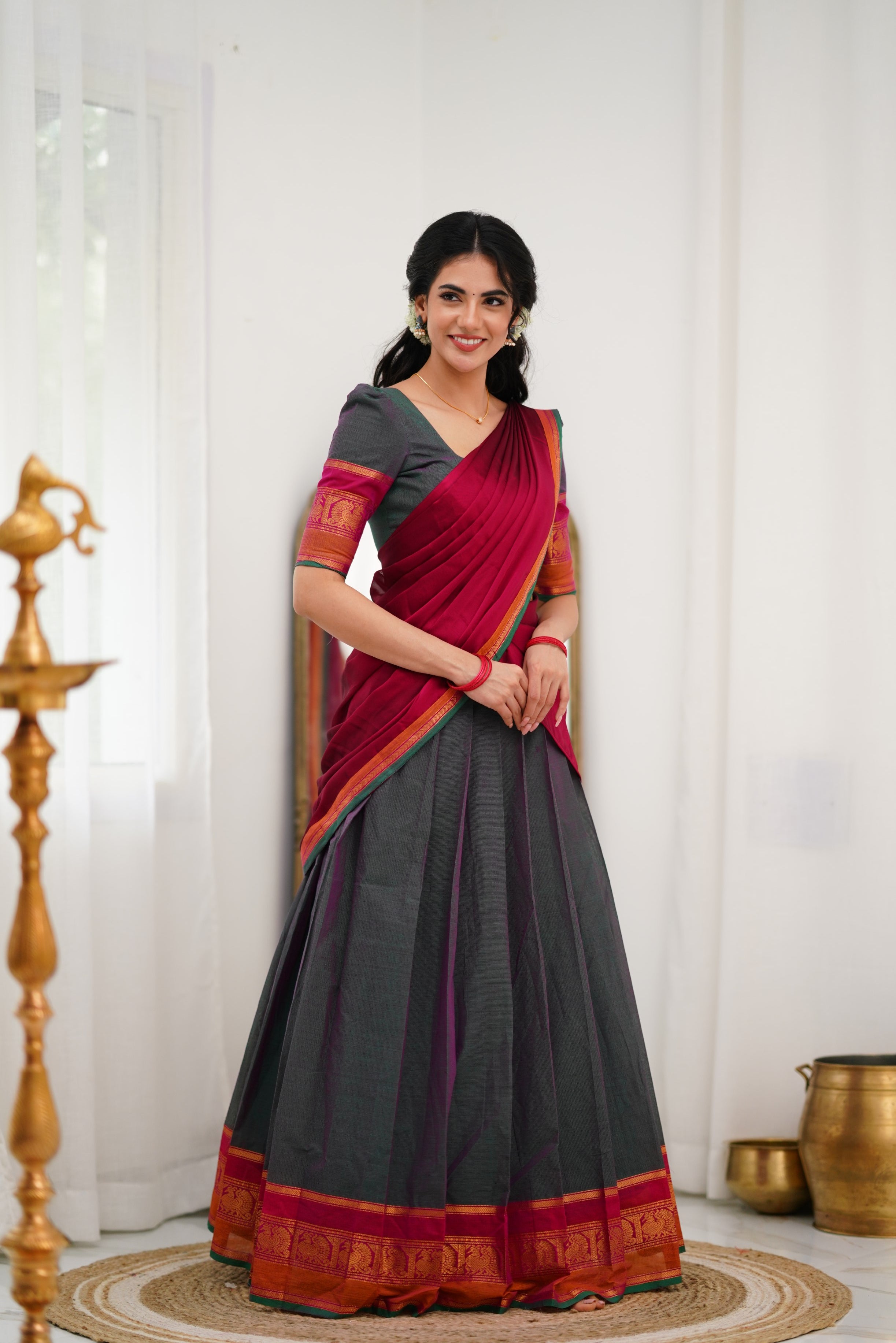 Padmaja Cotton Halfsaree - Manthalir Green and Pinkish Red