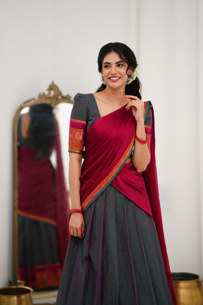 Padmaja Cotton Halfsaree - Manthalir Green and Pinkish Red