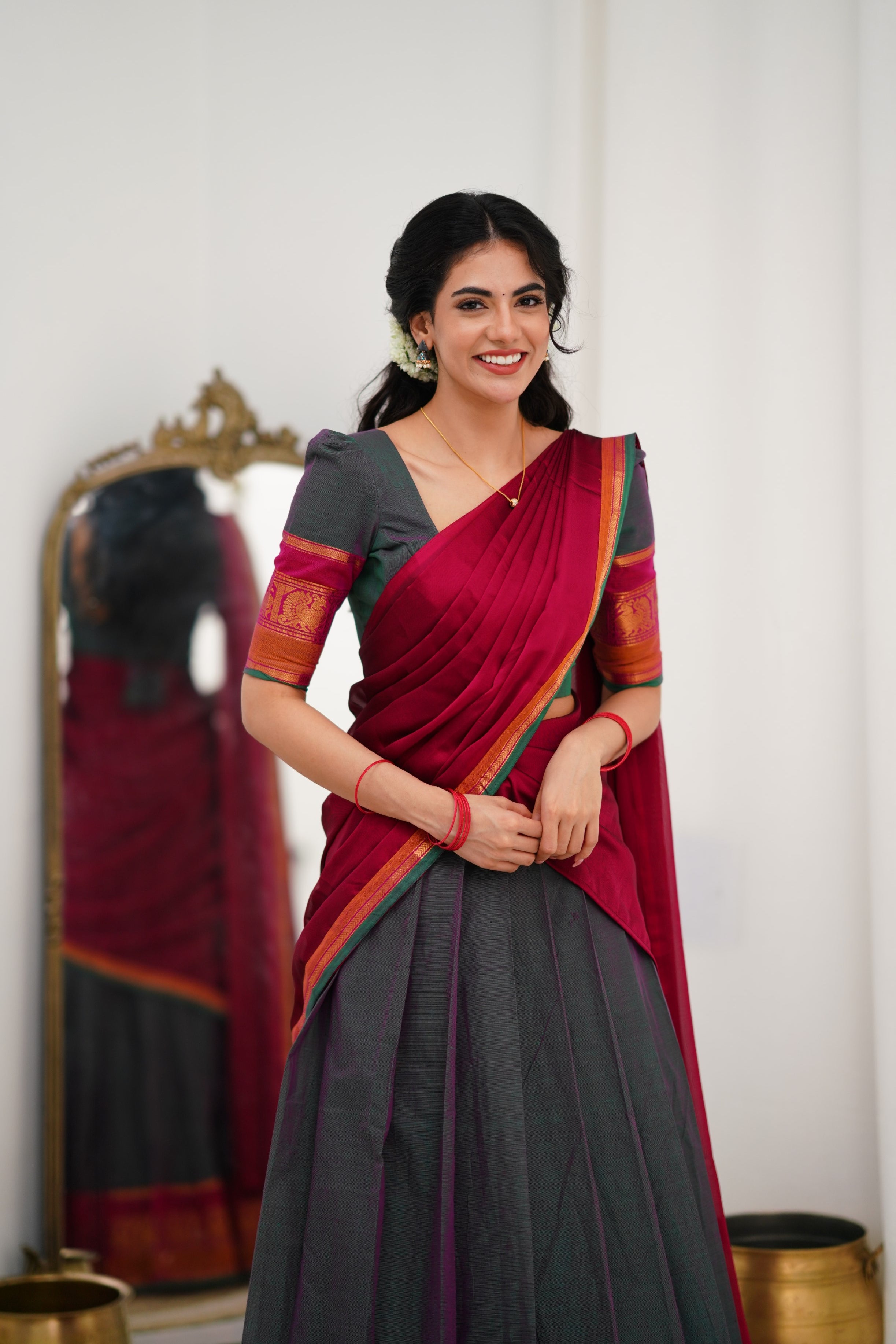 Padmaja Cotton Halfsaree - Manthalir Green and Pinkish Red