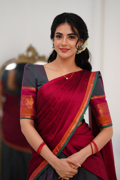 Padmaja Cotton Halfsaree - Manthalir Green and Pinkish Red