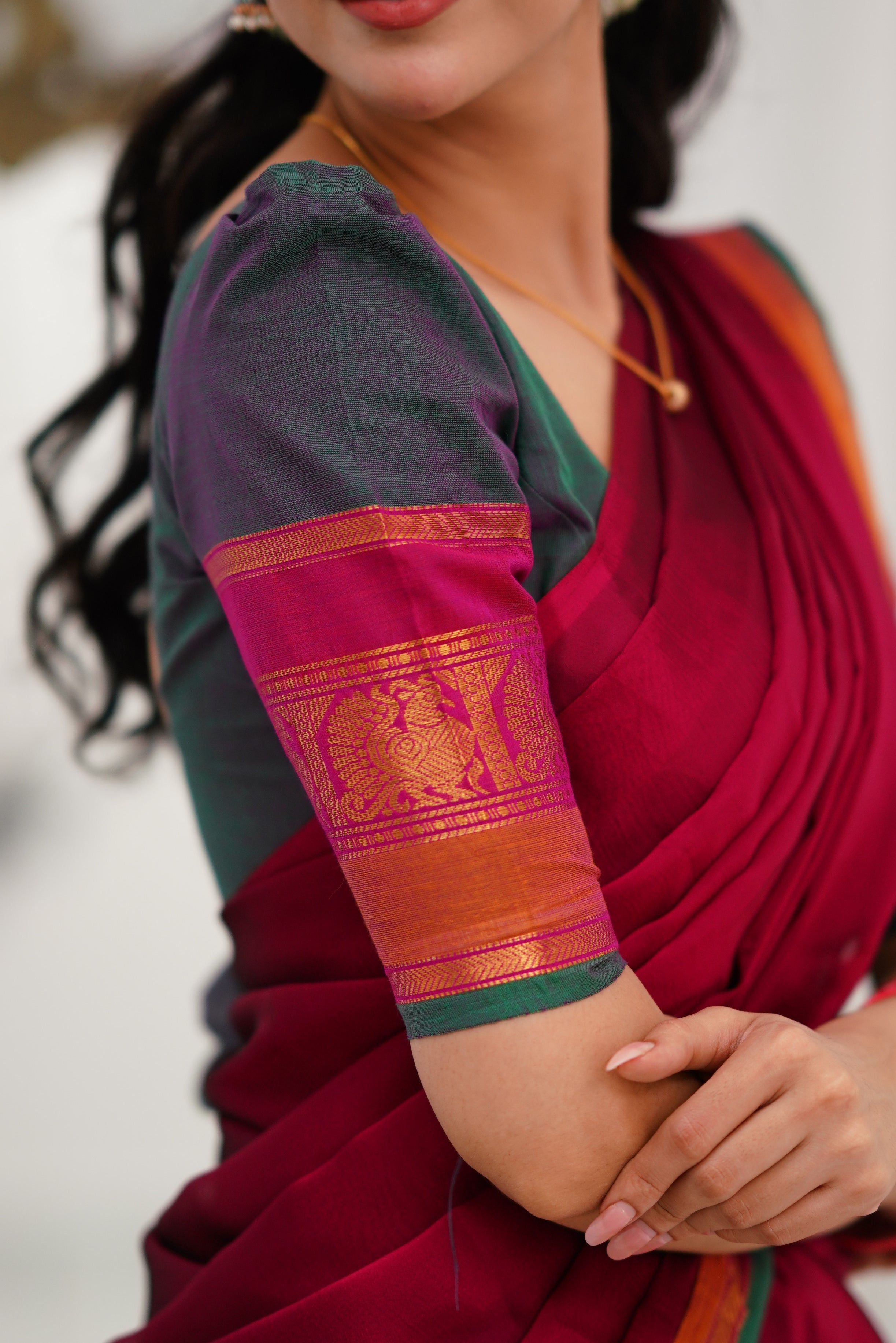 Padmaja Cotton Halfsaree - Manthalir Green and Pinkish Red