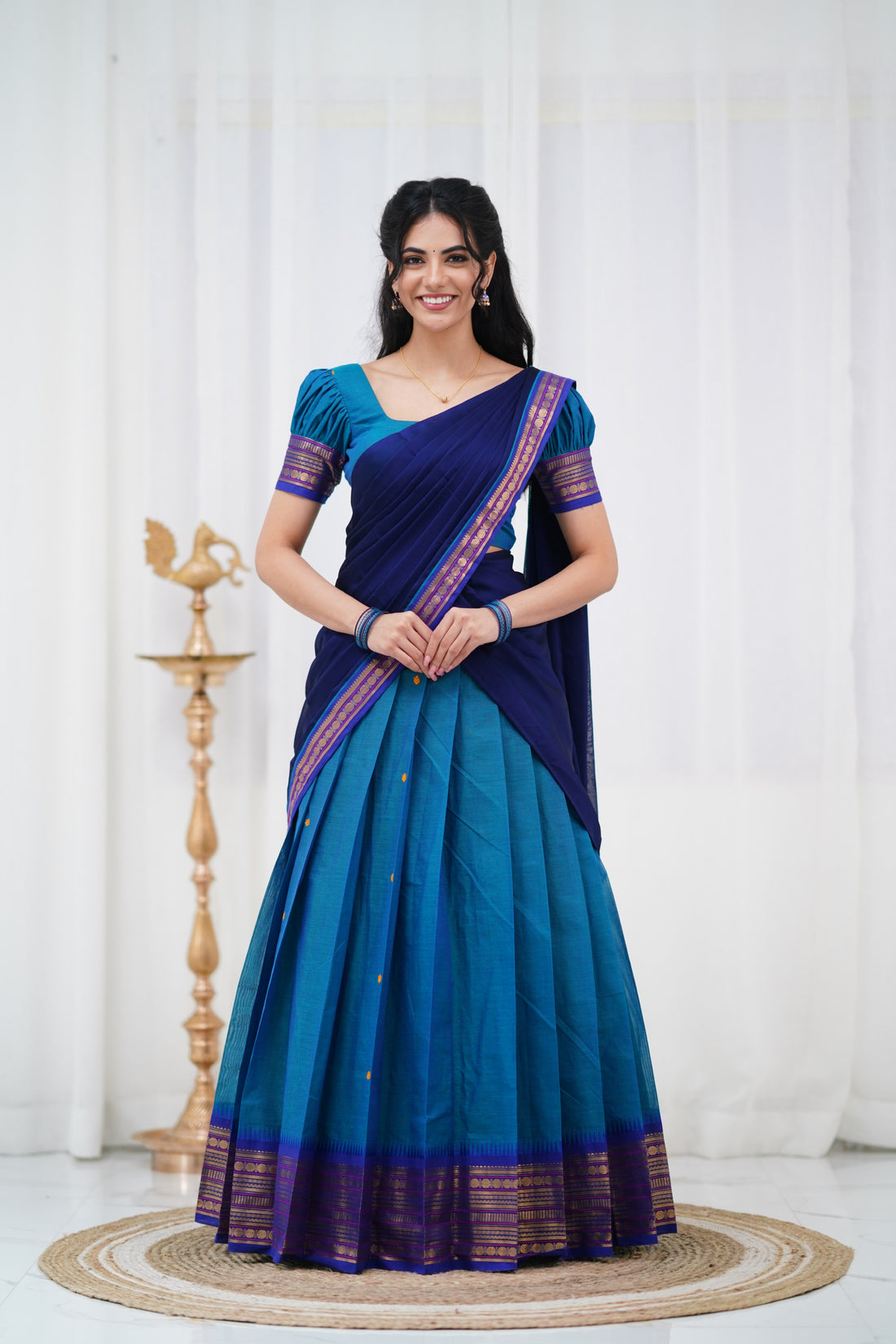 Padmaja - Navy Blue and Two tone Blue  Cotton Halfsaree