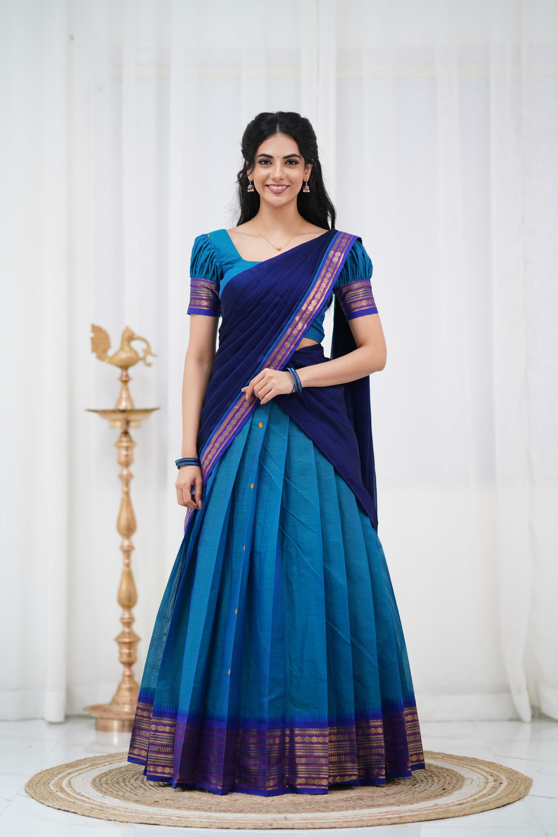 Padmaja - Navy Blue and Two tone Blue  Cotton Halfsaree