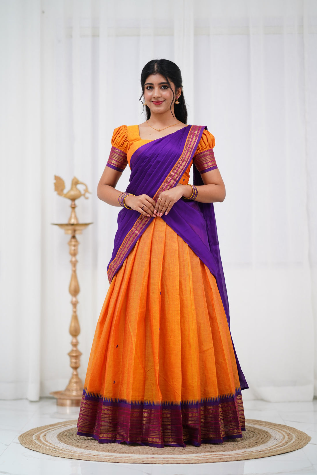 Padmaja - Two tone Mango Yellow and Purple Cotton Halfsaree