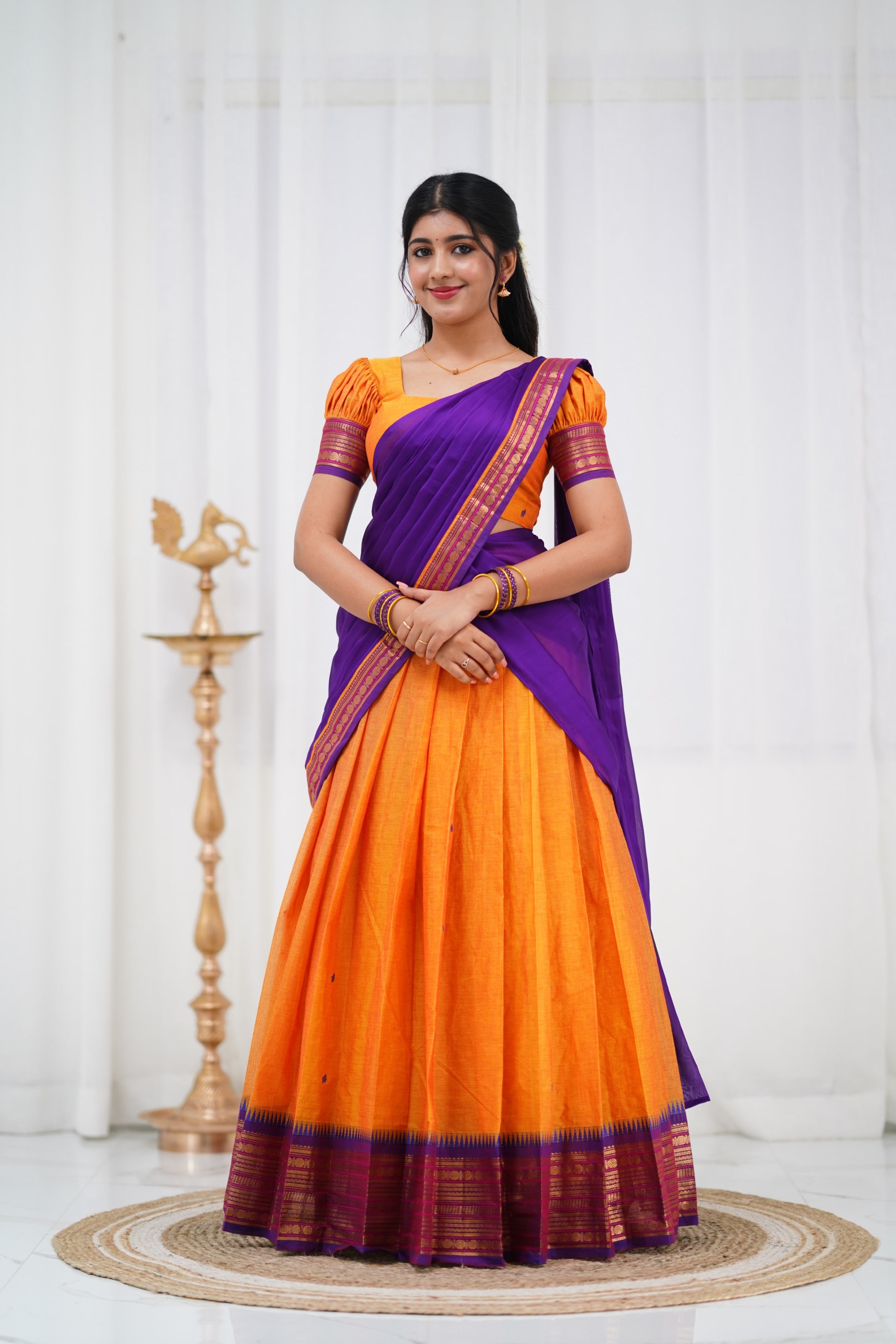 Padmaja - Two tone Mango Yellow and Purple Cotton Halfsaree