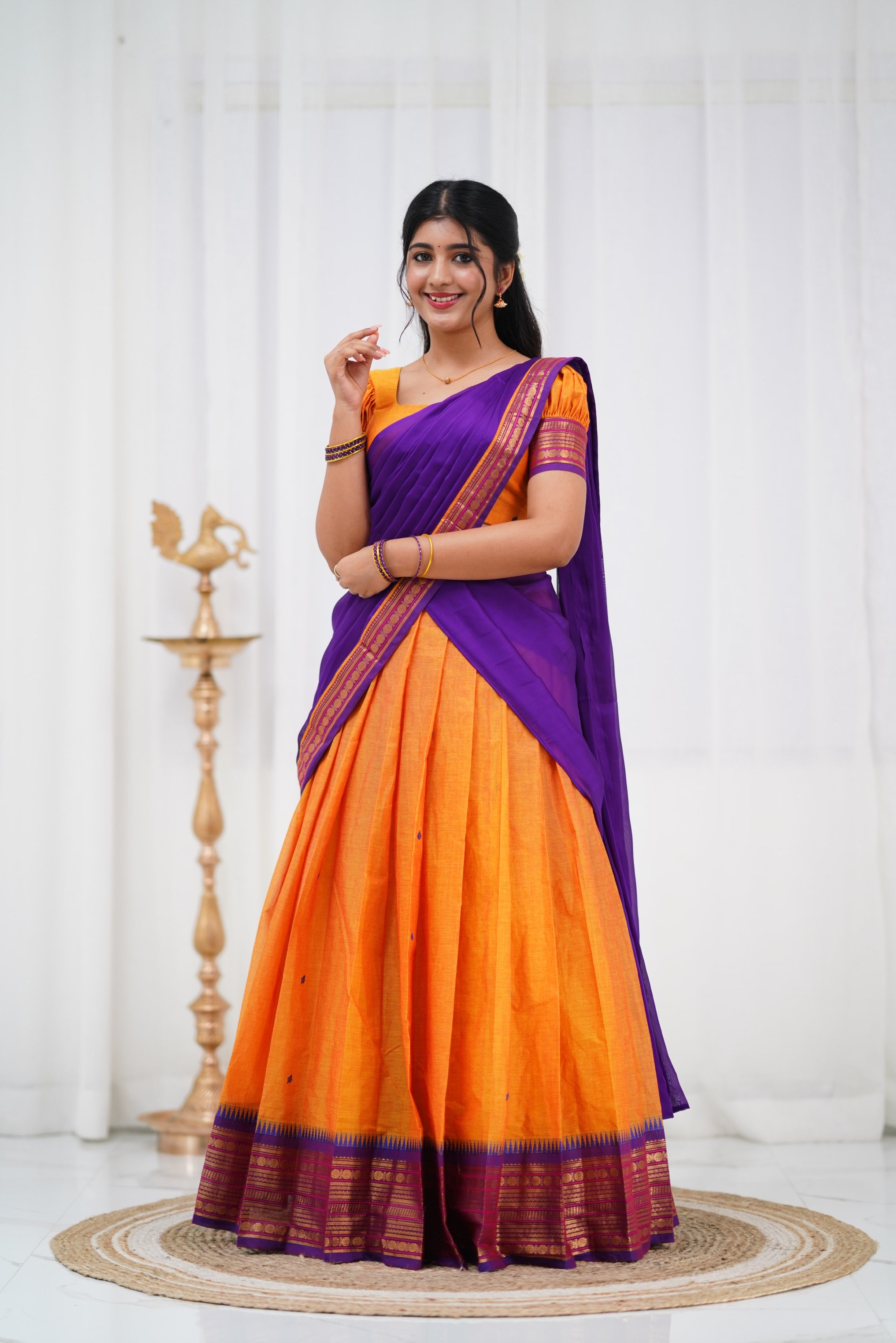 Padmaja - Two tone Mango Yellow and Purple Cotton Halfsaree