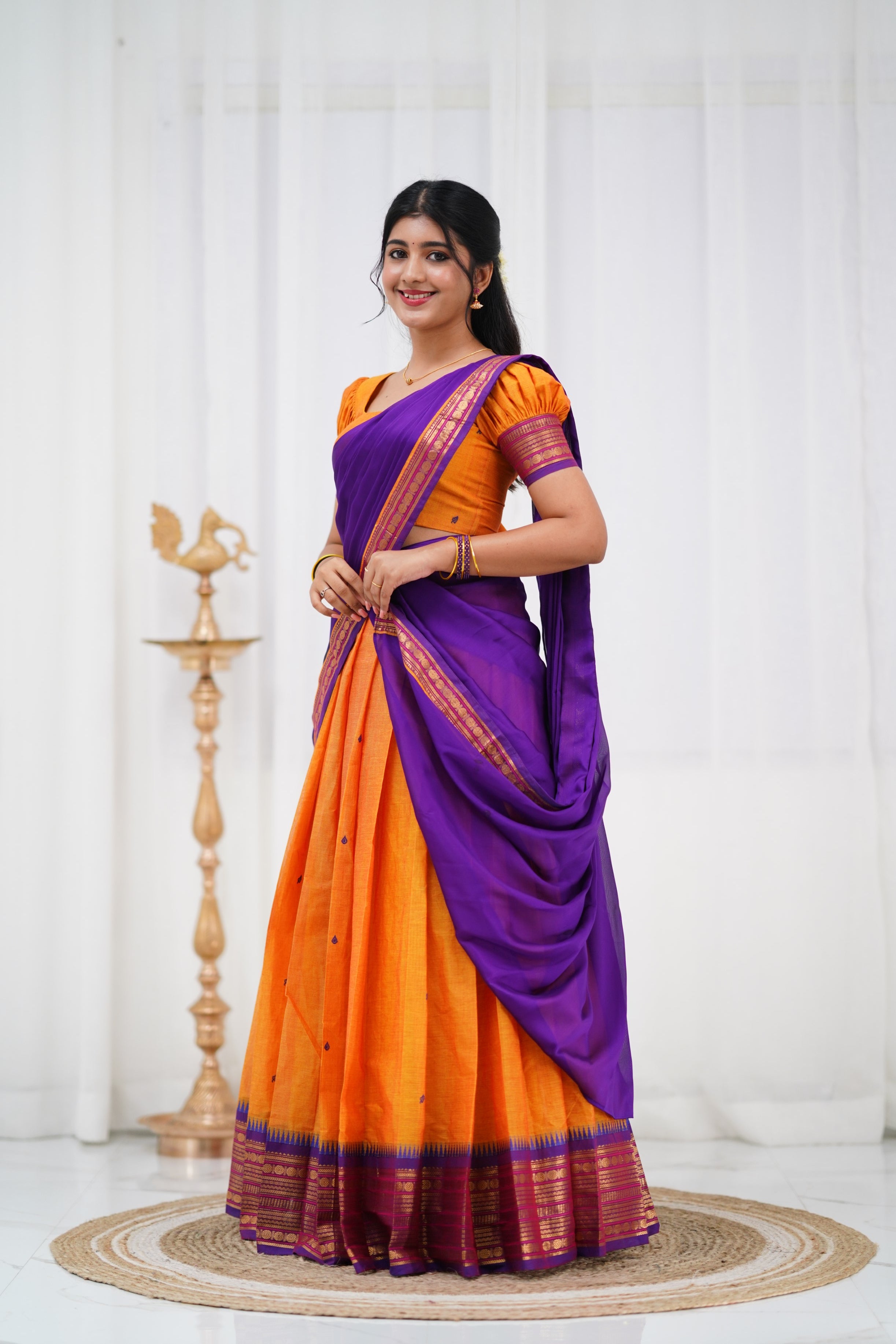 Padmaja - Two tone Mango Yellow and Purple Cotton Halfsaree