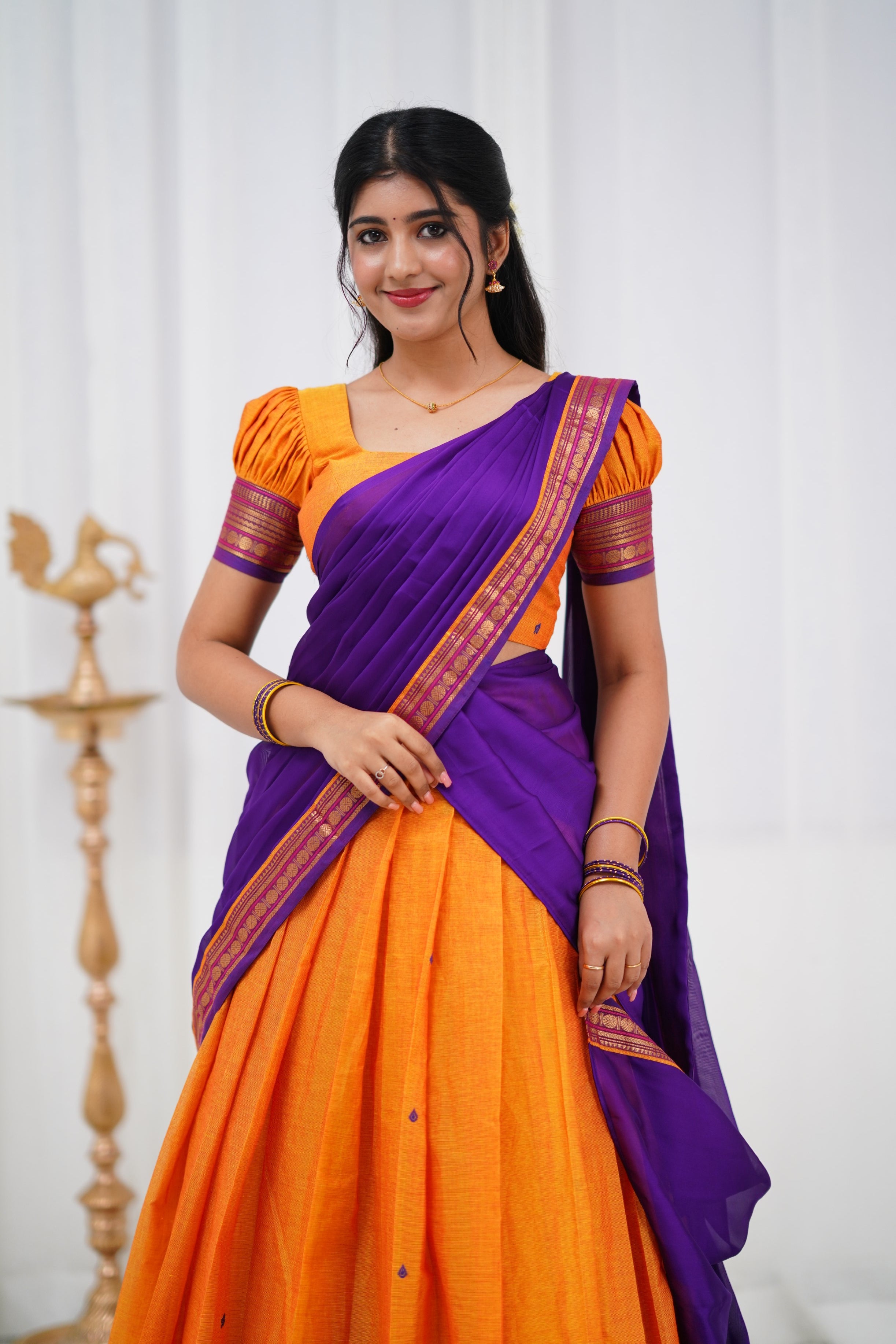 Padmaja - Two tone Mango Yellow and Purple Cotton Halfsaree