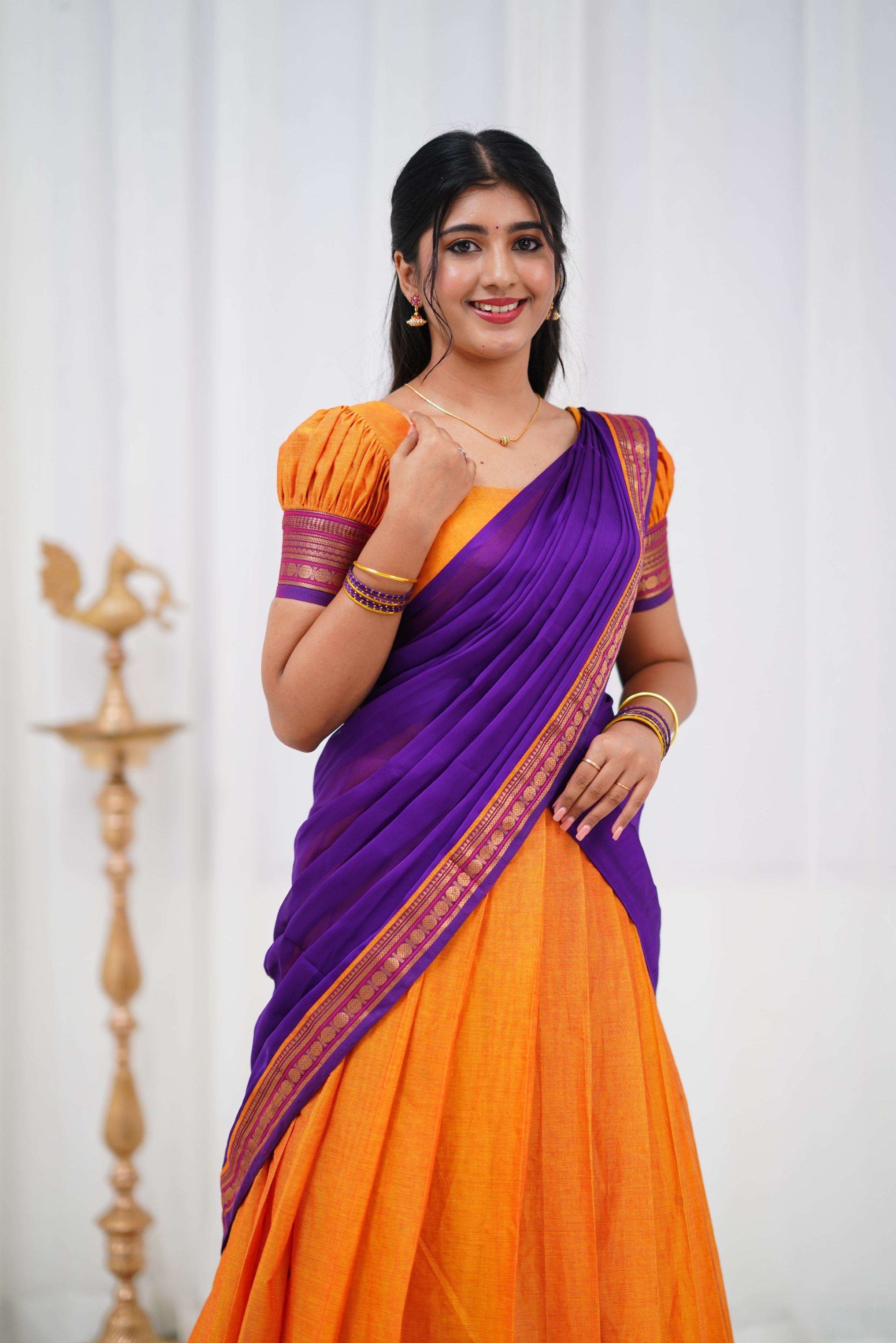 Padmaja - Two tone Mango Yellow and Purple Cotton Halfsaree