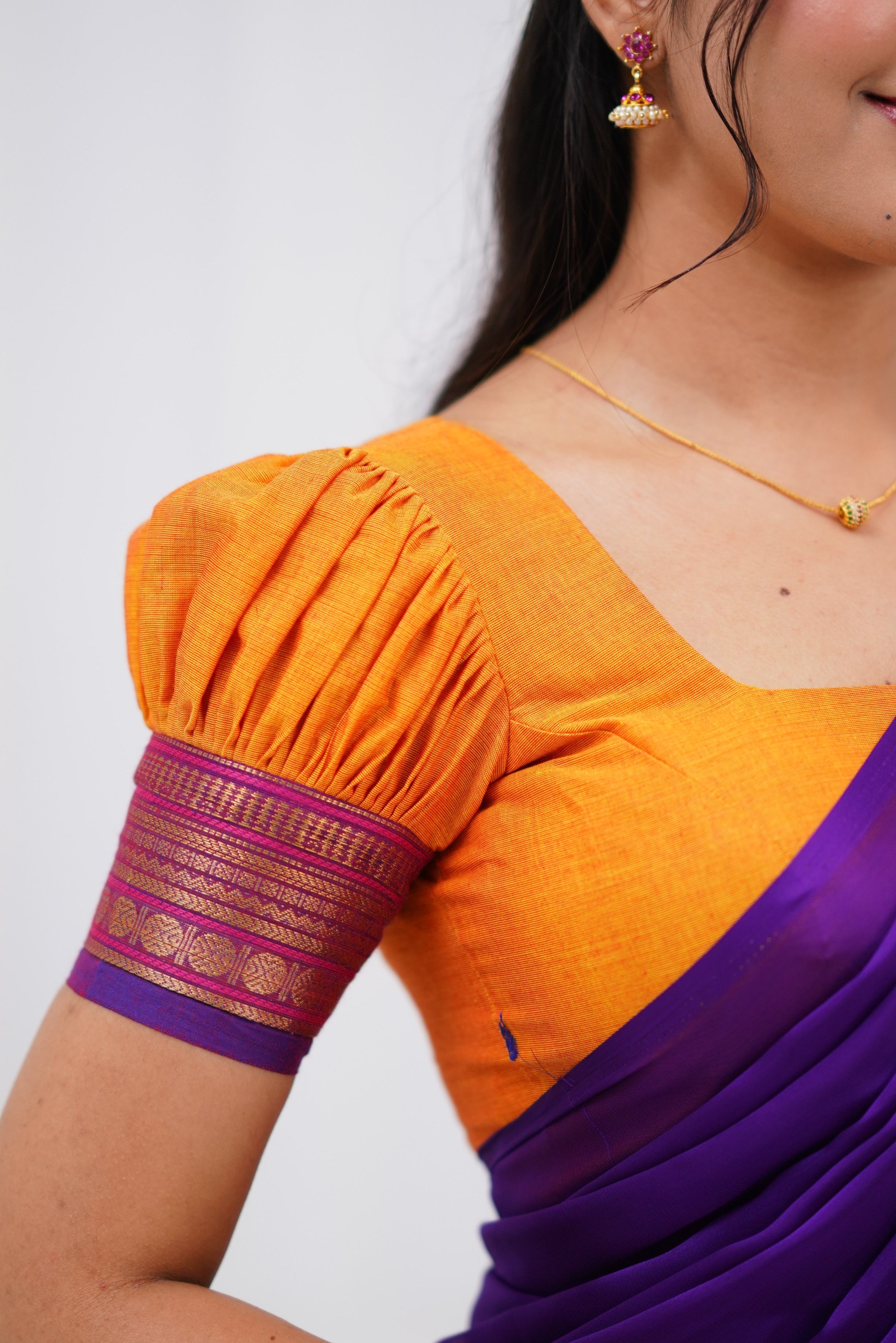 Padmaja - Two tone Mango Yellow and Purple Cotton Halfsaree