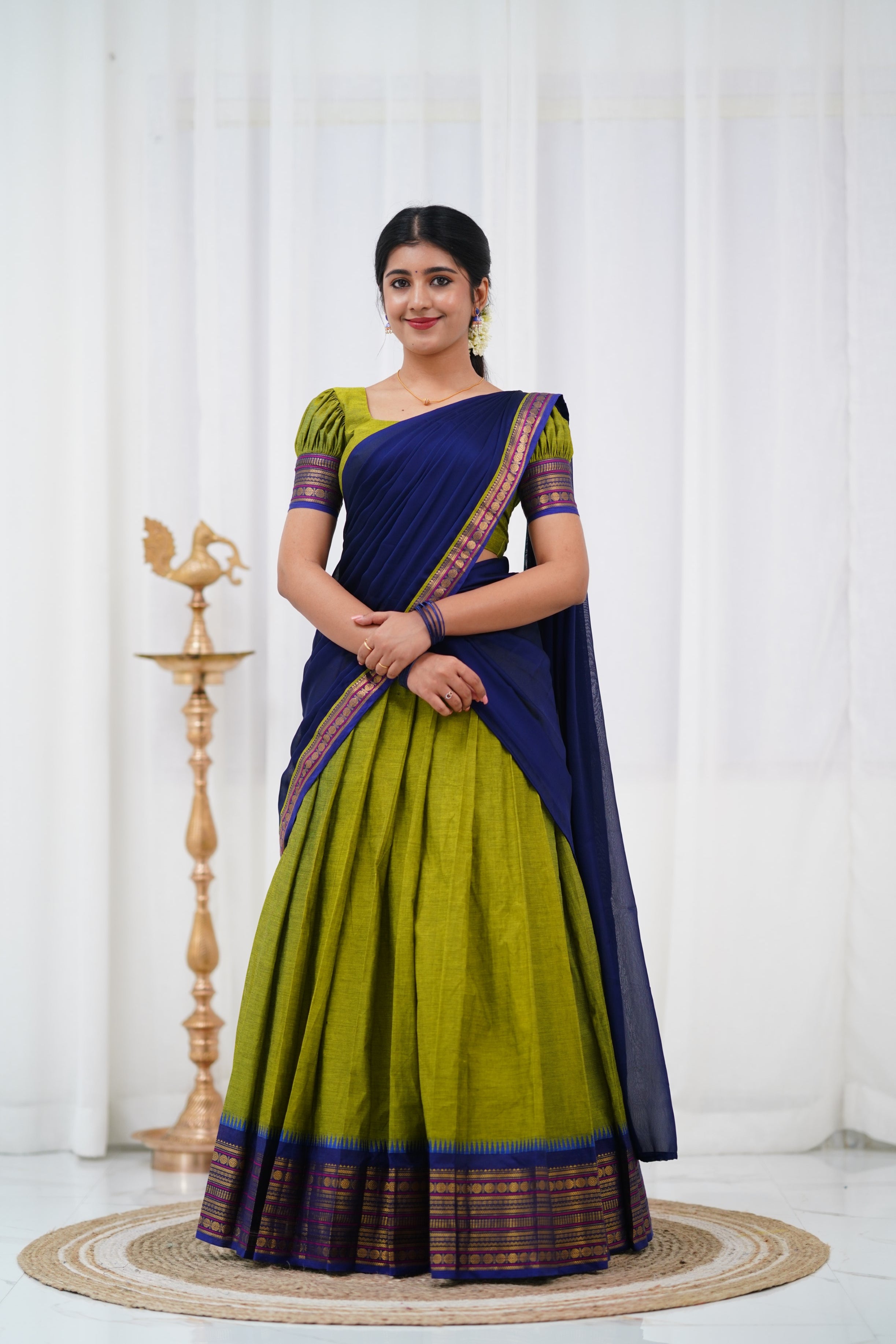 Padmaja - Light green and Blue Cotton Halfsaree