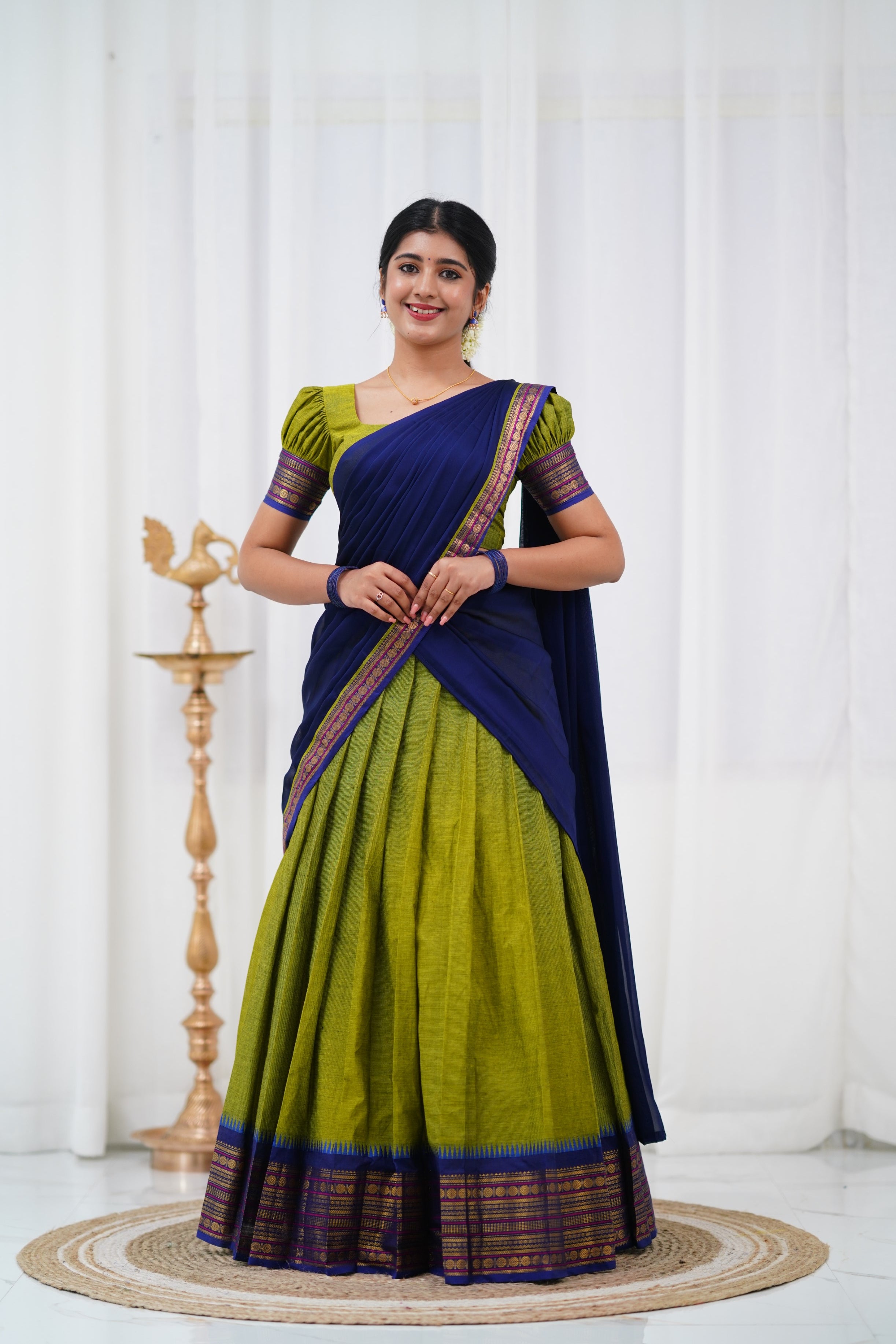 Padmaja - Light green and Blue Cotton Halfsaree