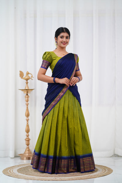 Padmaja - Light green and Blue Cotton Halfsaree