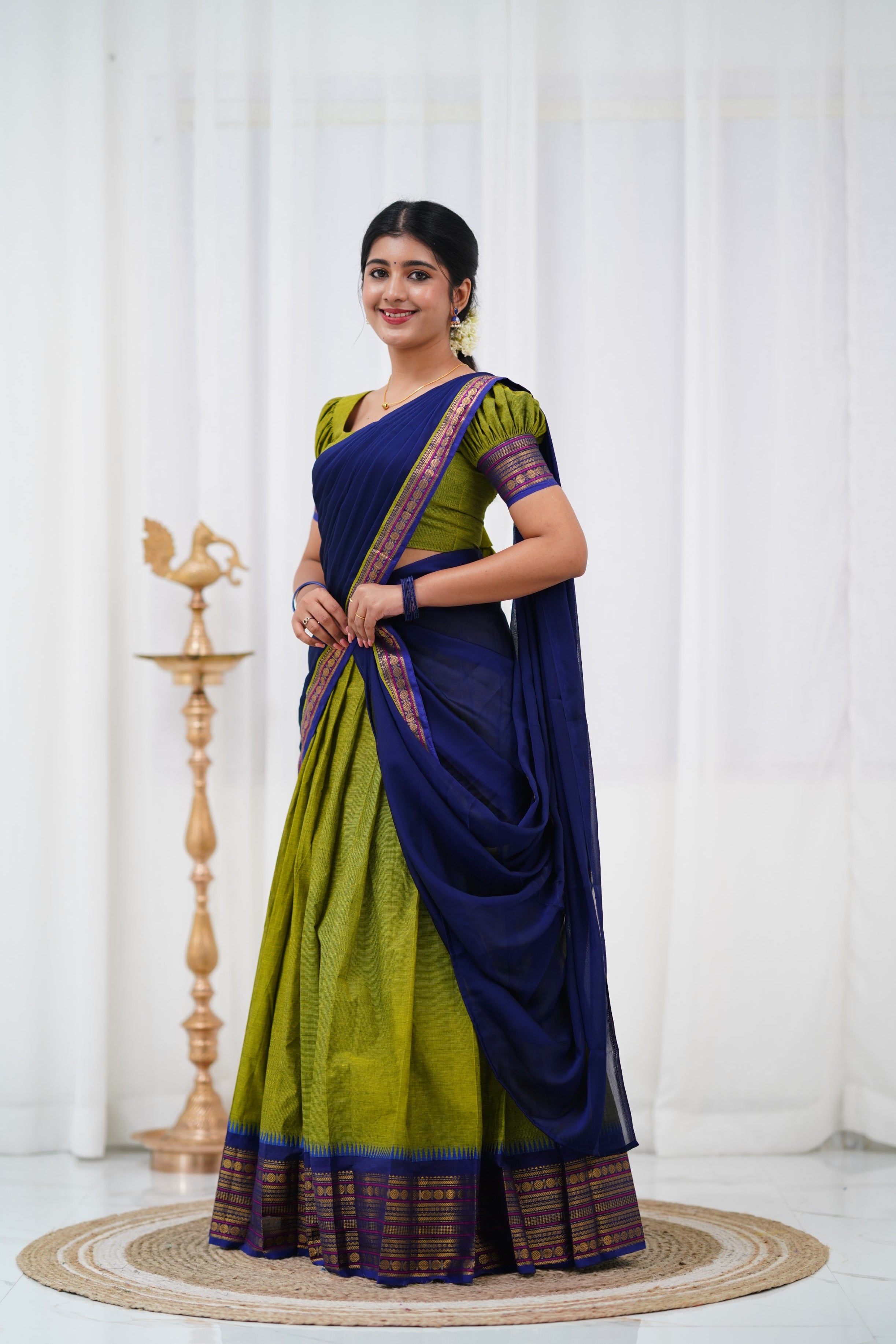 Padmaja - Light green and Blue Cotton Halfsaree