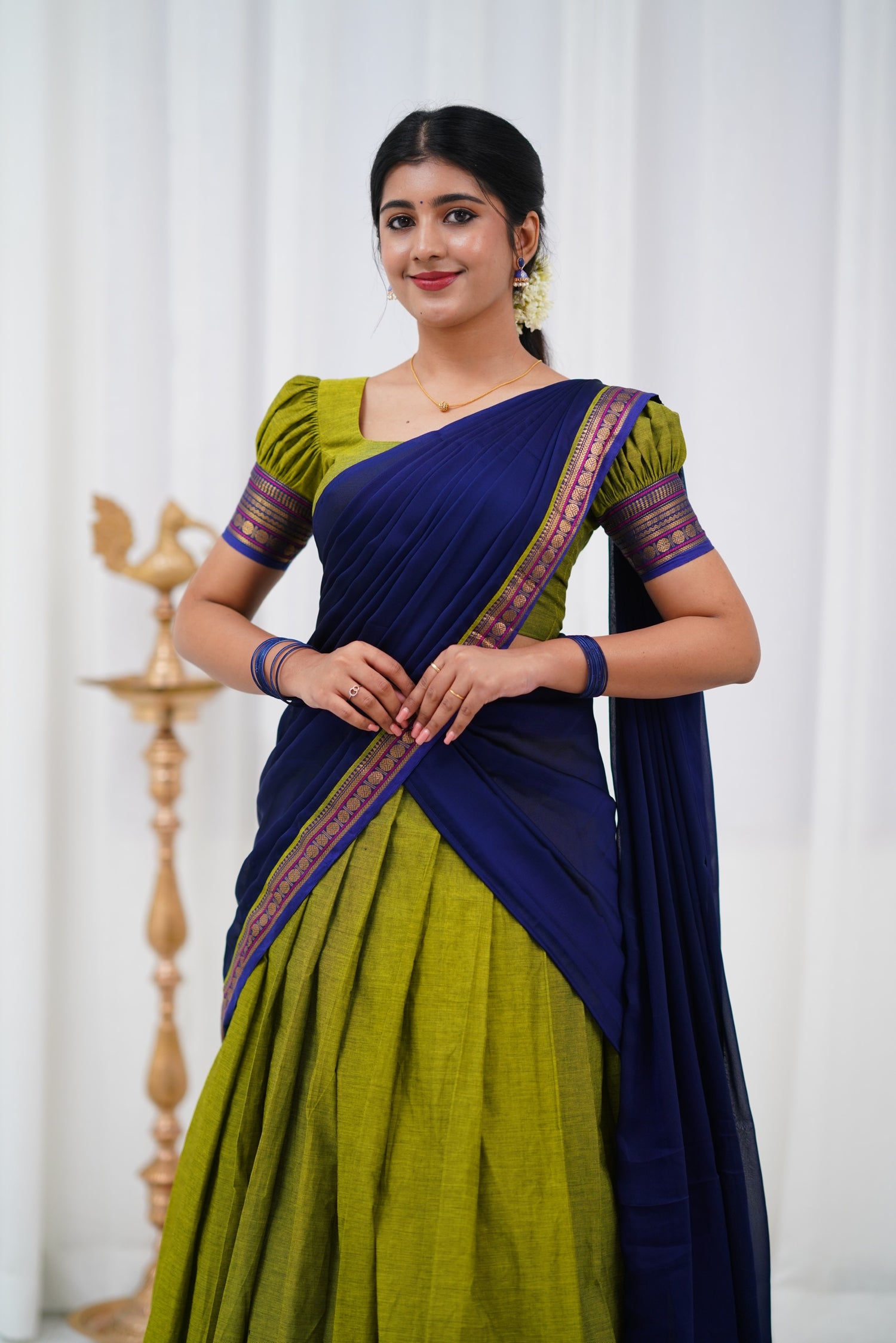 Padmaja - Light green and Blue Cotton Halfsaree