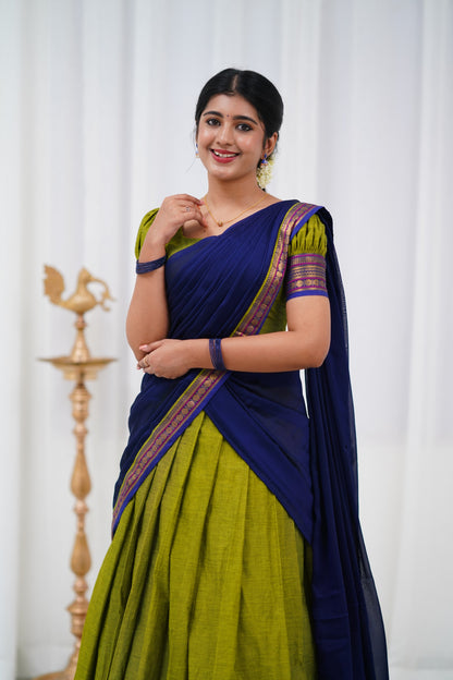 Padmaja - Light green and Blue Cotton Halfsaree