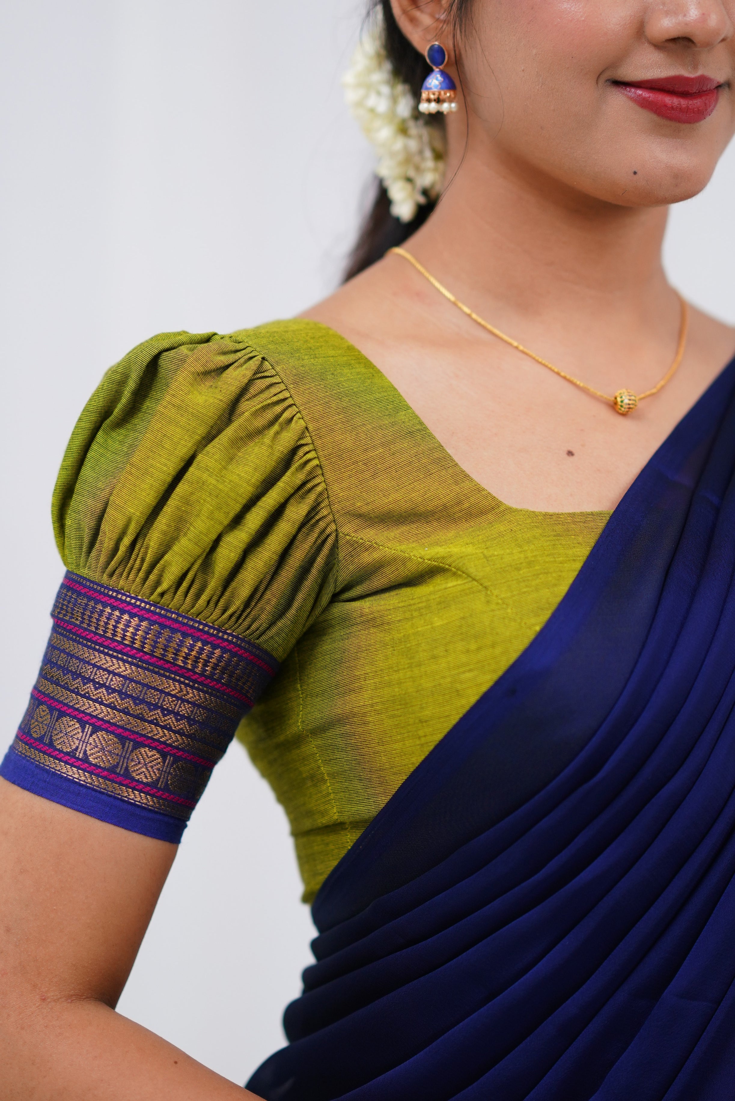 Padmaja - Light green and Blue Cotton Halfsaree