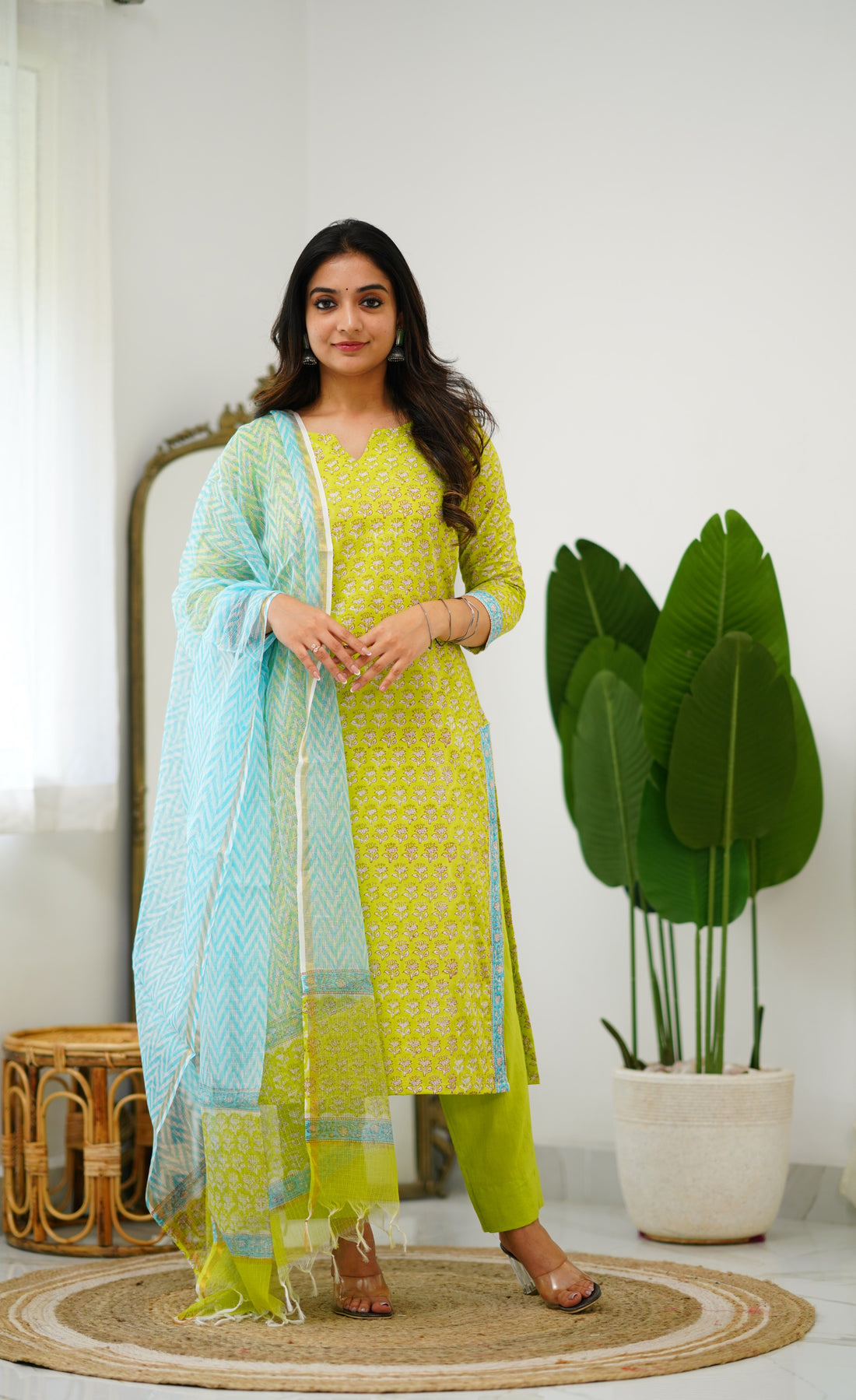 Meera Cotton Salwar - Light Green and Sky Blue