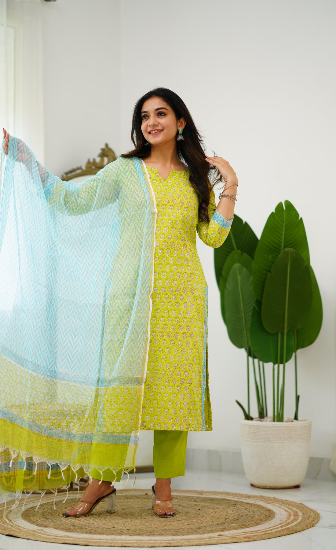 Meera Cotton Salwar - Light Green and Sky Blue