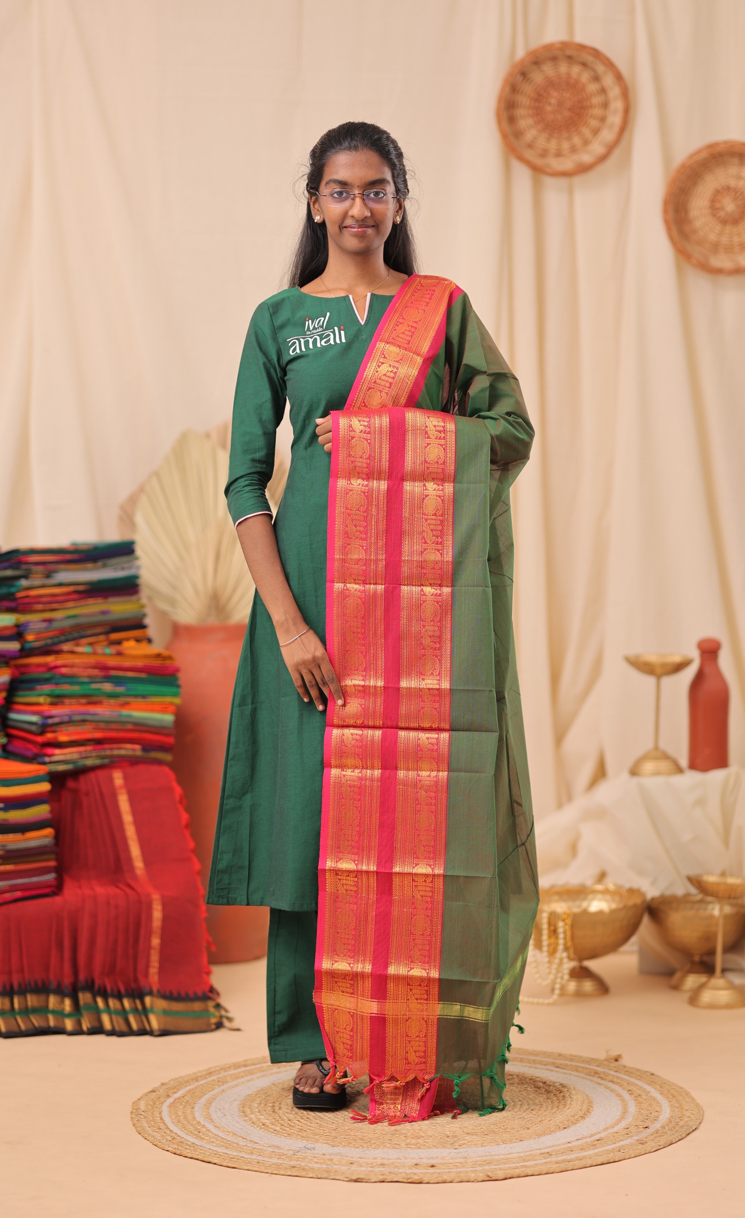 Deep Green With Pink Chettinad Cotton Dupatta