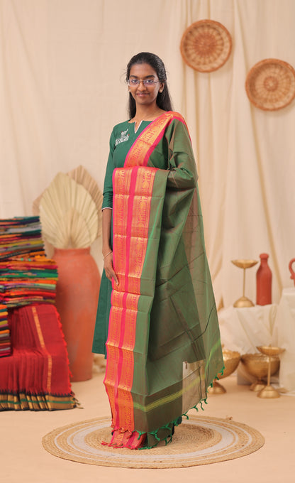 Deep Green With Pink Chettinad Cotton Dupatta