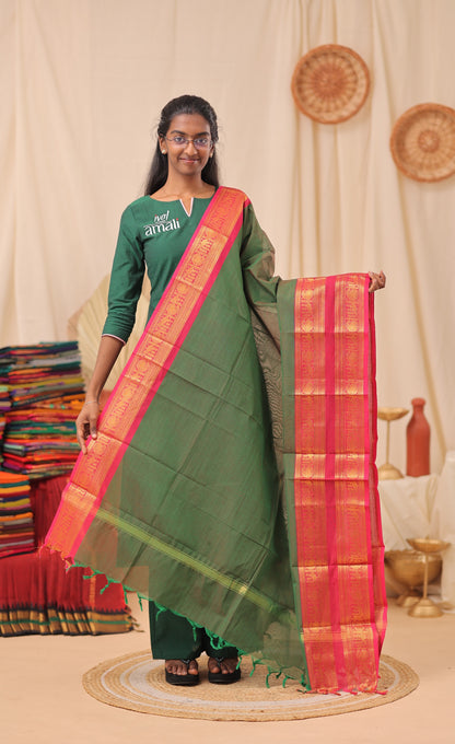 Deep Green With Pink Chettinad Cotton Dupatta