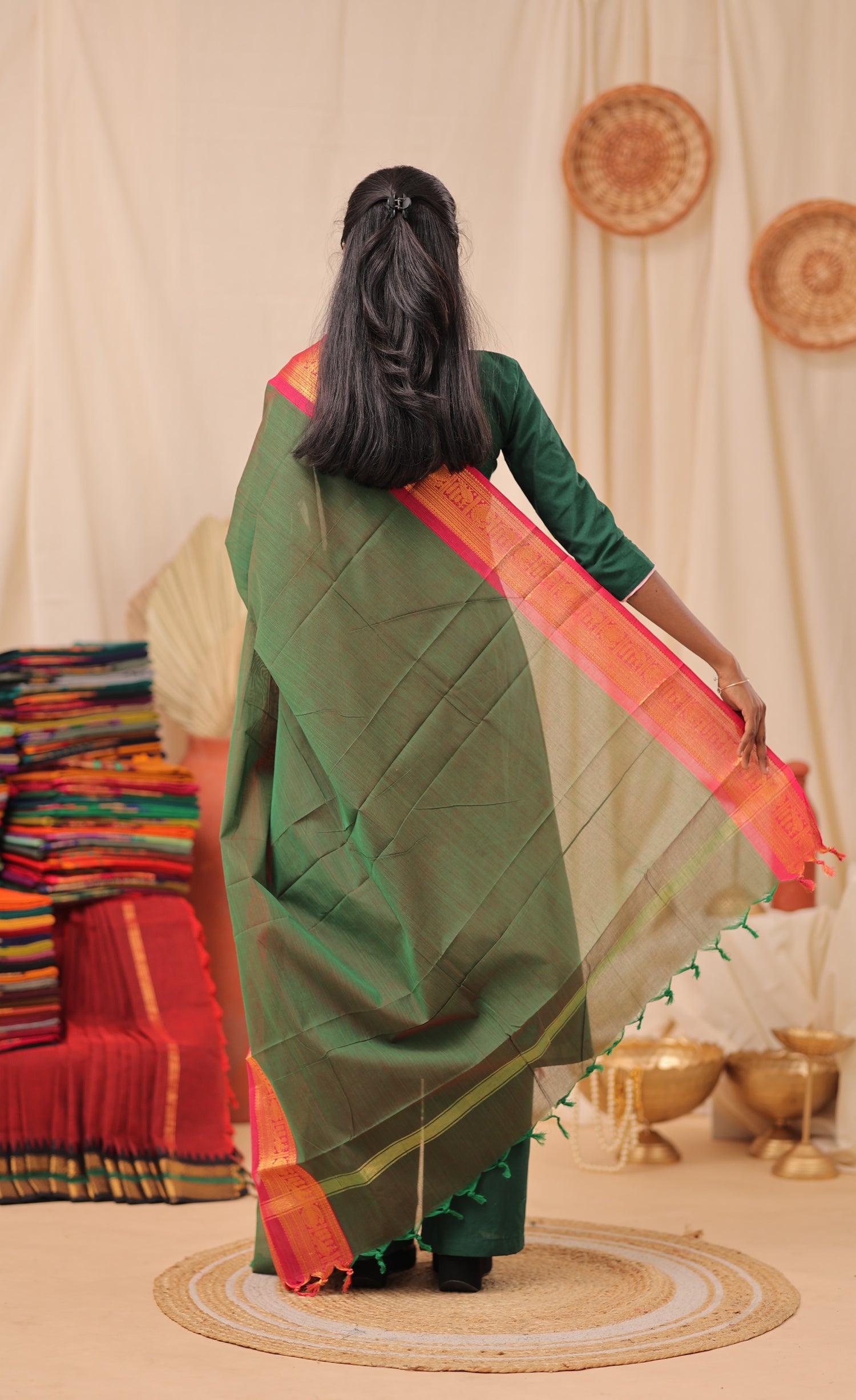 Deep Green With Pink Chettinad Cotton Dupatta