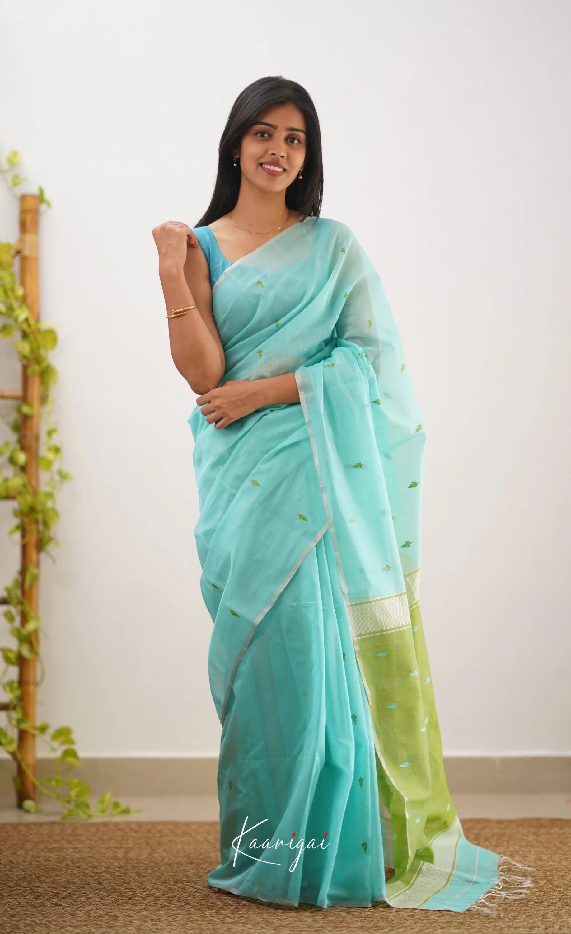 Aadrika- Light Blue And Green Pure Maheshwari Silk Cotton Saree Sarees