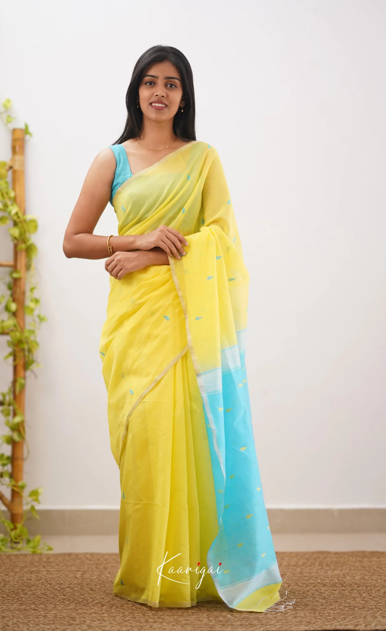 Aadrika- Yellow And Light Blue Pure Maheshwari Silk Cotton Saree Sarees