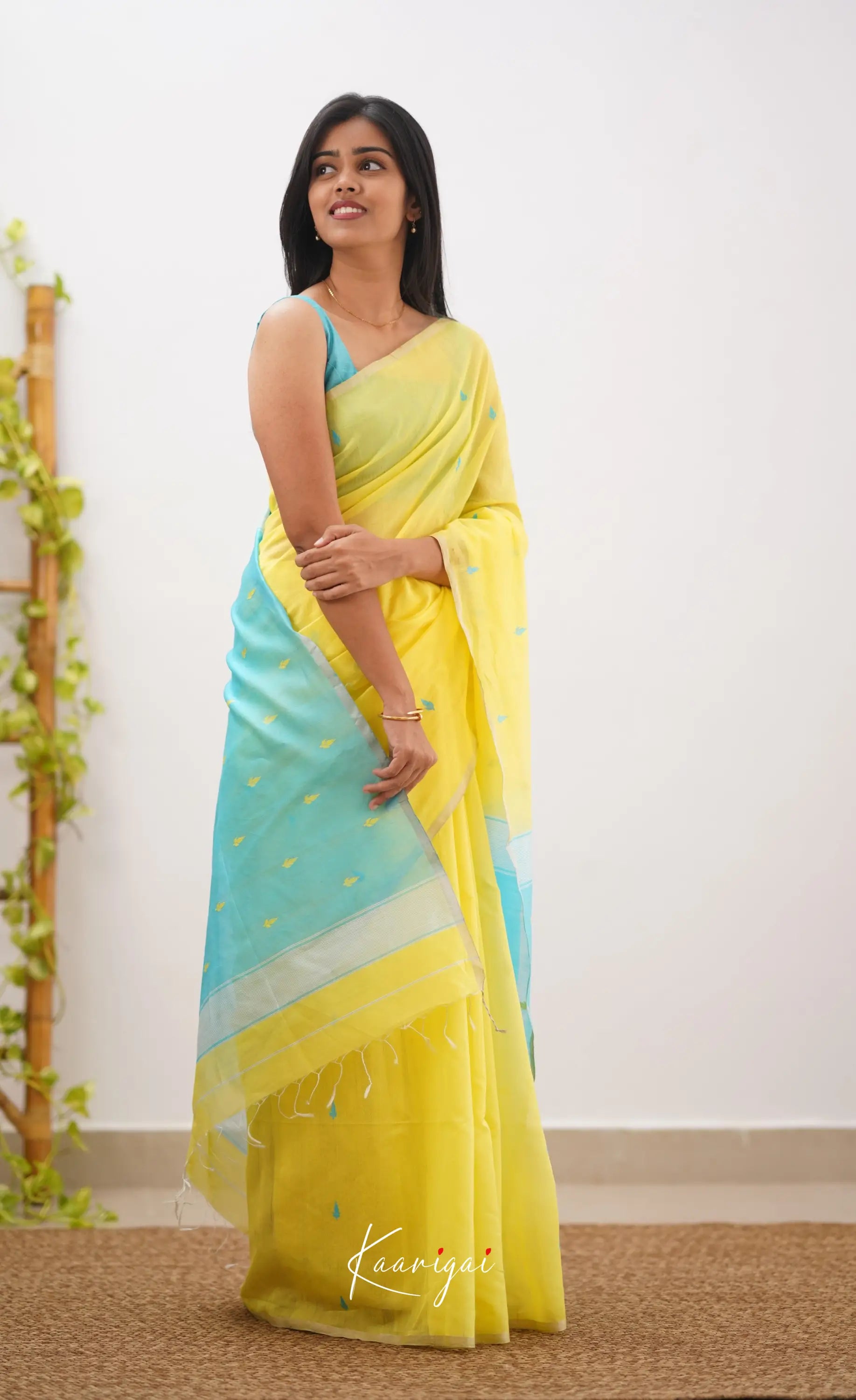 Aadrika- Yellow And Light Blue Pure Maheshwari Silk Cotton Saree Sarees